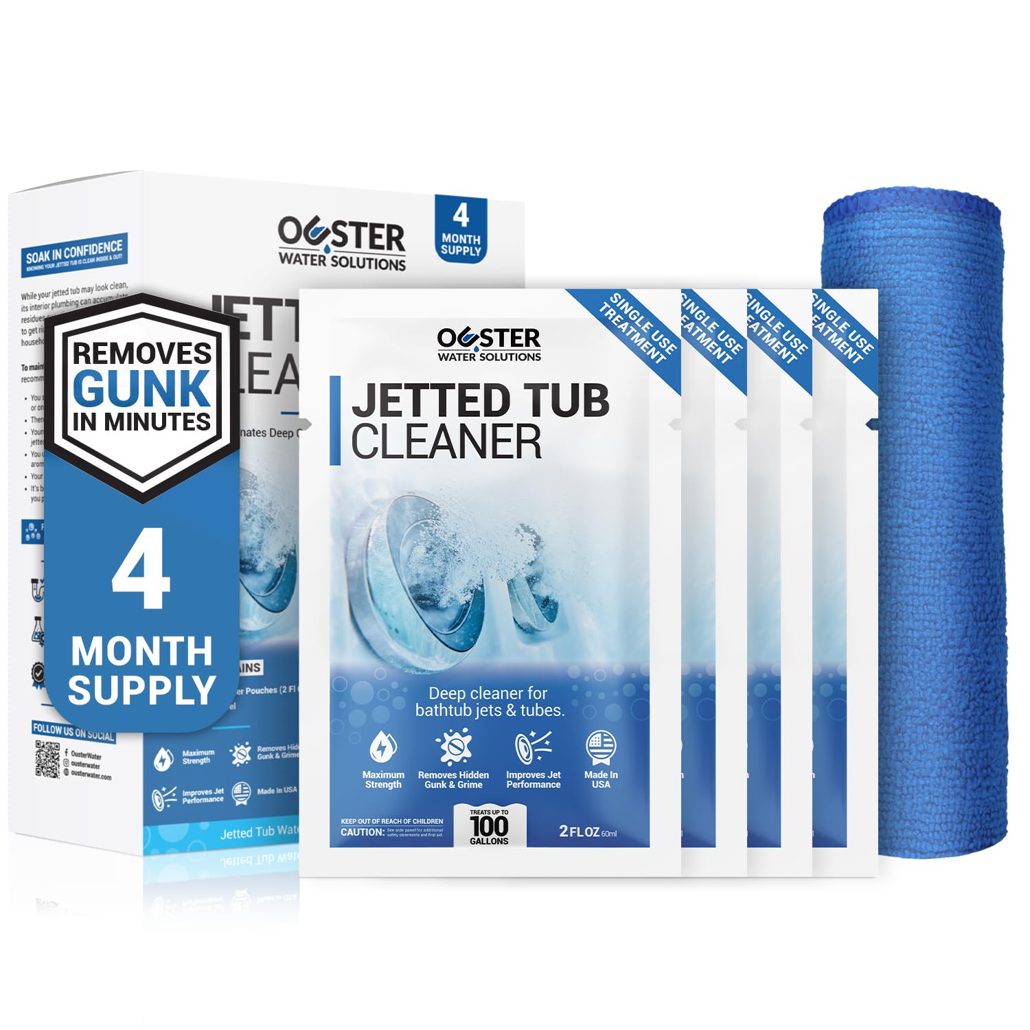 Jetted Tub Cleaner Kit - Professional Grade Formula for Jacuzzi & Bathtub Jets, Tubes, and Surfaces - Includes Microfiber Towel - Made in USA - Perfect for Deep Cleaning Hot Tubs, Whirlpools, and Spa Maintenance
