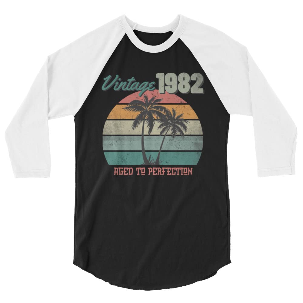 Vintage 1982 40th Birthday T-Shirt - Aged to Perfection 3/4 Sleeve Raglan Tee - Perfect for 40th Birthday Parties, Milestone Celebrations & Retro-Themed Events