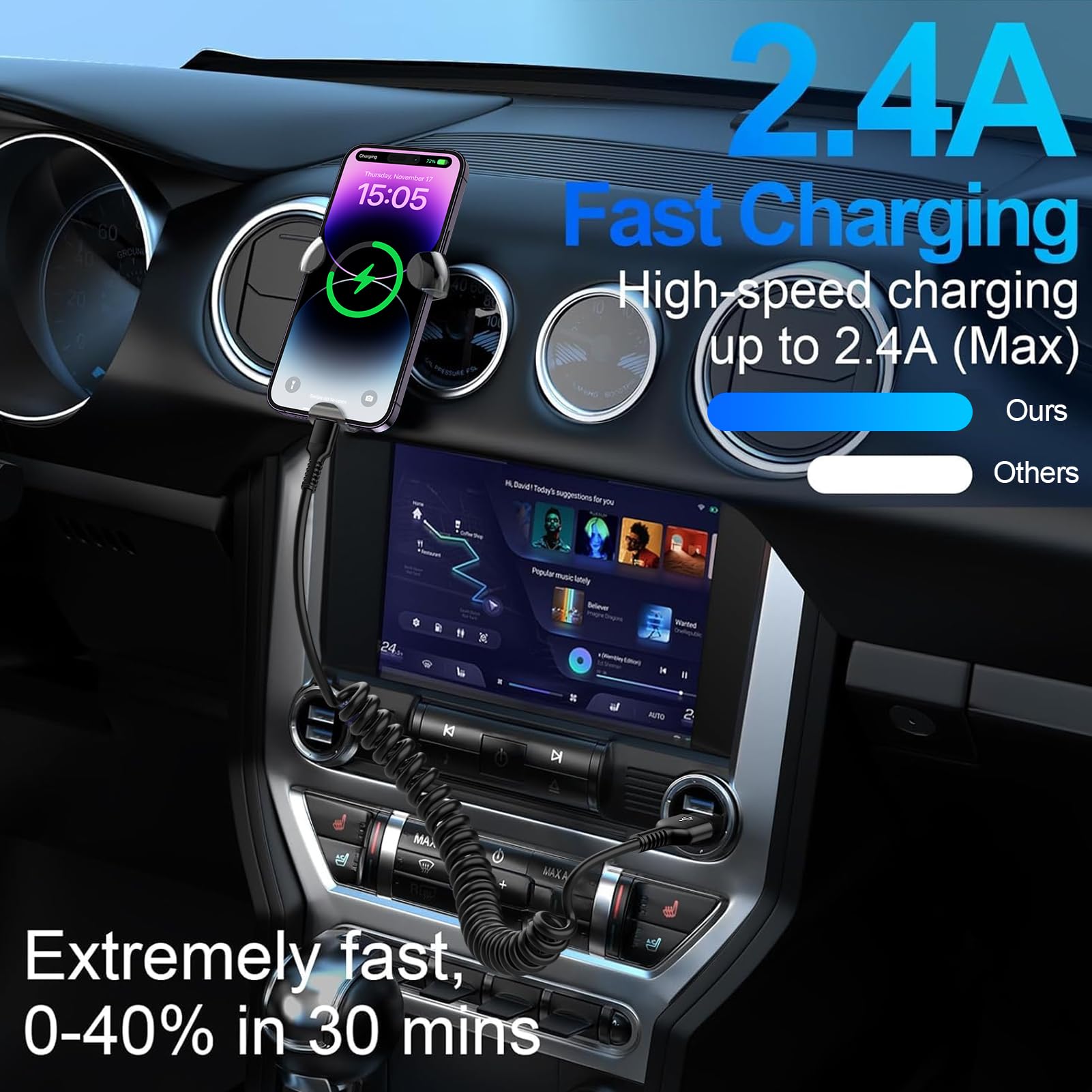 MFi Certified Coiled USB A to Lightning Cable 6FT - Fast Charging Retractable Car Charger for iPhone 14/13/12/11/X/8 - Perfect for Apple CarPlay & Safe Driving