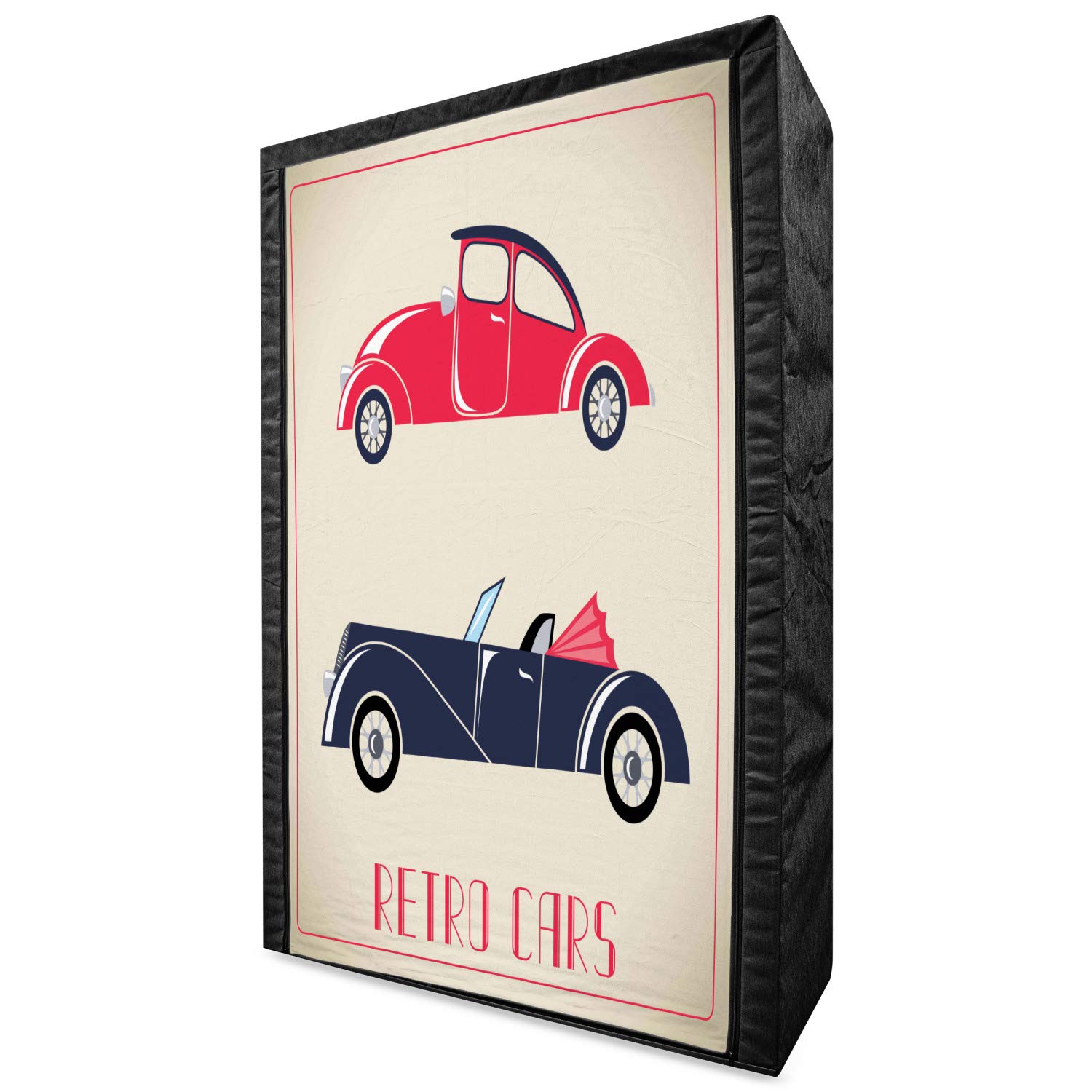 Ambesonne Vintage Cars Fabric Wardrobe Closet - 42.5 Inch Portable Clothing Organizer with Shelves | Classic Convertible Roadster Design in Dark Coral & Night Blue | Perfect for Bedroom, Dorm, or Apartment Storage