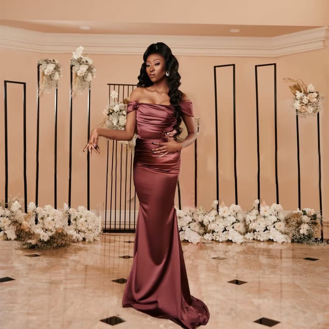 Elegant Off Shoulder Bridesmaid Dresses - Ruching Mermaid Formal Gown for Wedding, Bodycon Satin Prom Dress - Perfect for Weddings, Parties & Special Occasions