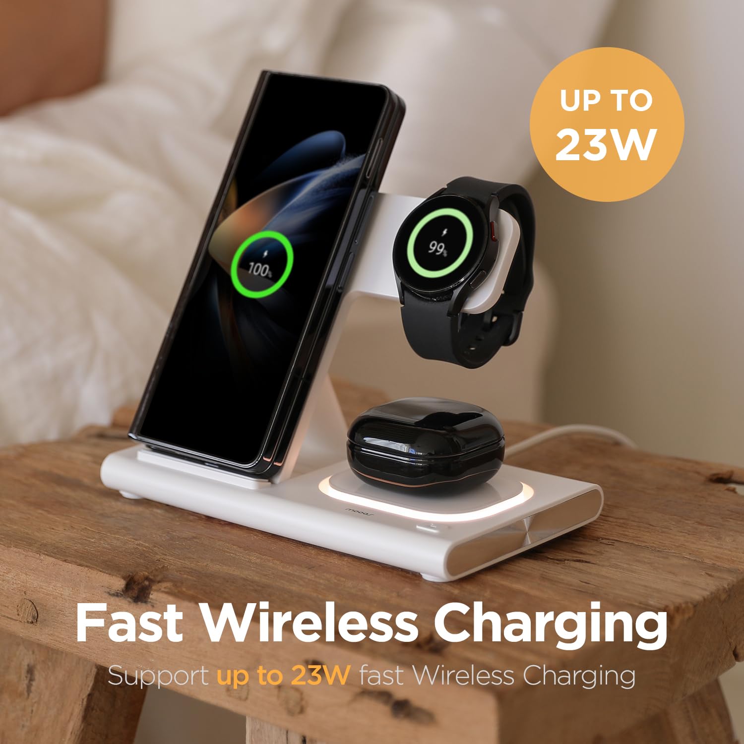 Mooas 3-in-1 Wireless Charging Station - 15W Fast Wireless Charger with Night Light - Compatible with iPhone 15/14/13/12/11/XR/XS/8/Pro/Max/Ultra, Samsung S24/S23/S22/S21, AirPods & Galaxy Watch - Perfect for Bedside, Office & Travel Charging Needs