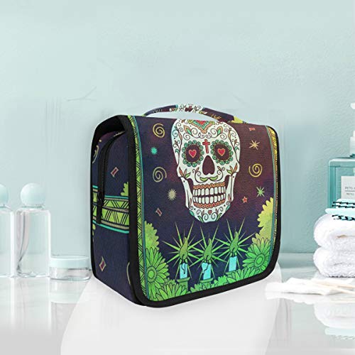 Large Waterproof Sugar Skull Dia De Los Muertos Hanging Toiletry Bag - Travel Cosmetic Organizer for Makeup, Wash & Gargle Essentials (Perfect for Festival, Vacation & Daily Use)