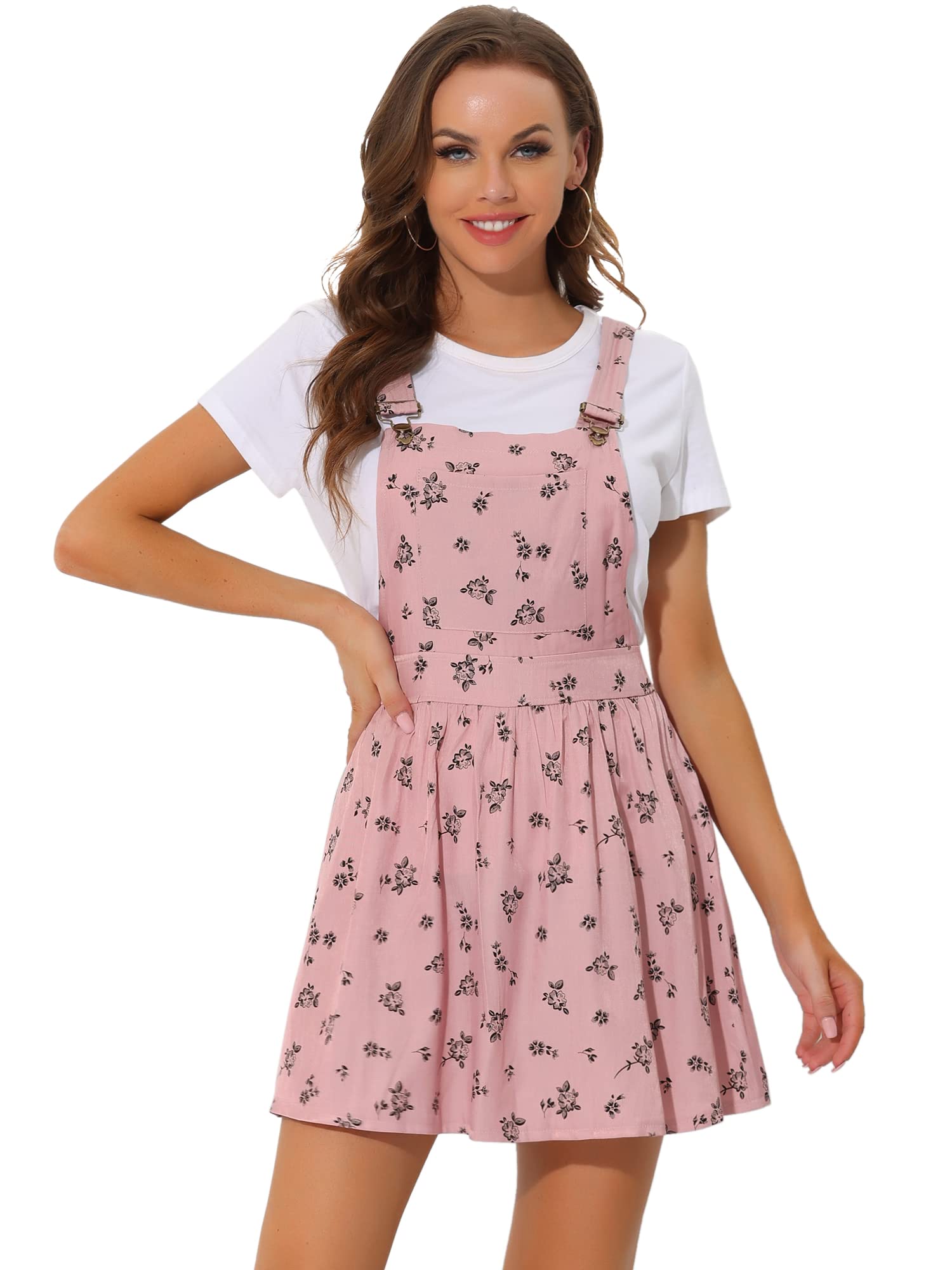 Allegra K Women's Printed Chambray Pinafore Dress with Adjustable Straps - Casual Mini Overalls for Spring Summer Outfits, Date Night & Music Festivals