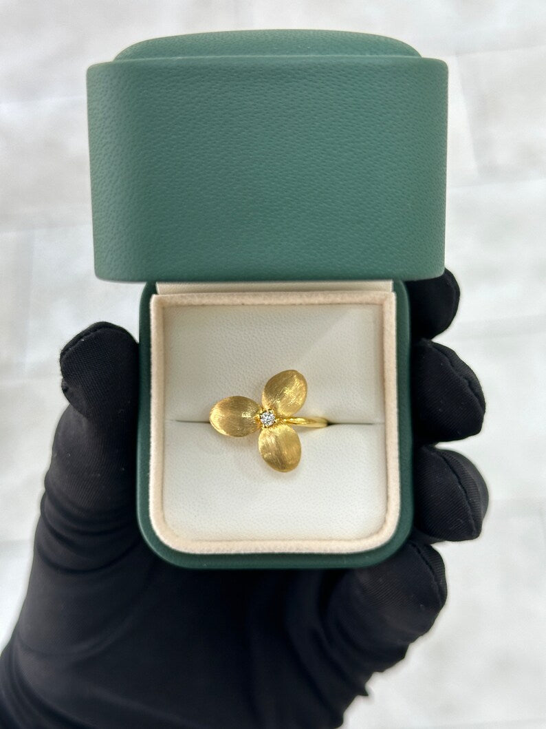 0.06ct Natural Brilliant Round Diamond Floral Ring for Women - 14K Gold Satin Brushed Finish, Elegant Wedding, Anniversary & Special Occasion Jewelry Gift