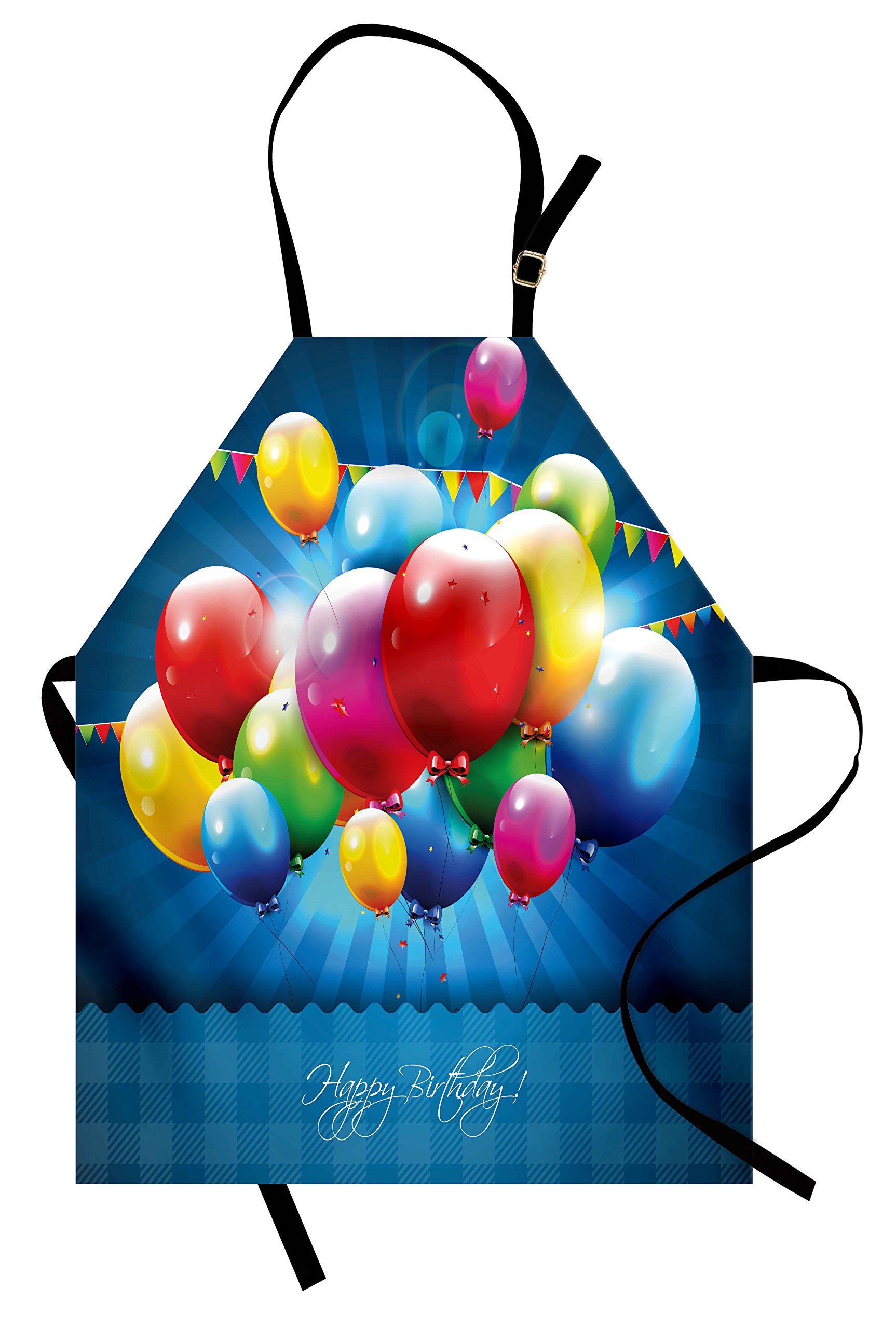 Ambesonne Unisex Birthday Apron - Vibrant Balloons & Party Flags Design on Blue - Adjustable Kitchen Bib for Cooking, Baking, Gardening - Perfect for Birthday Parties, BBQ, Holiday Celebrations & Home Decor