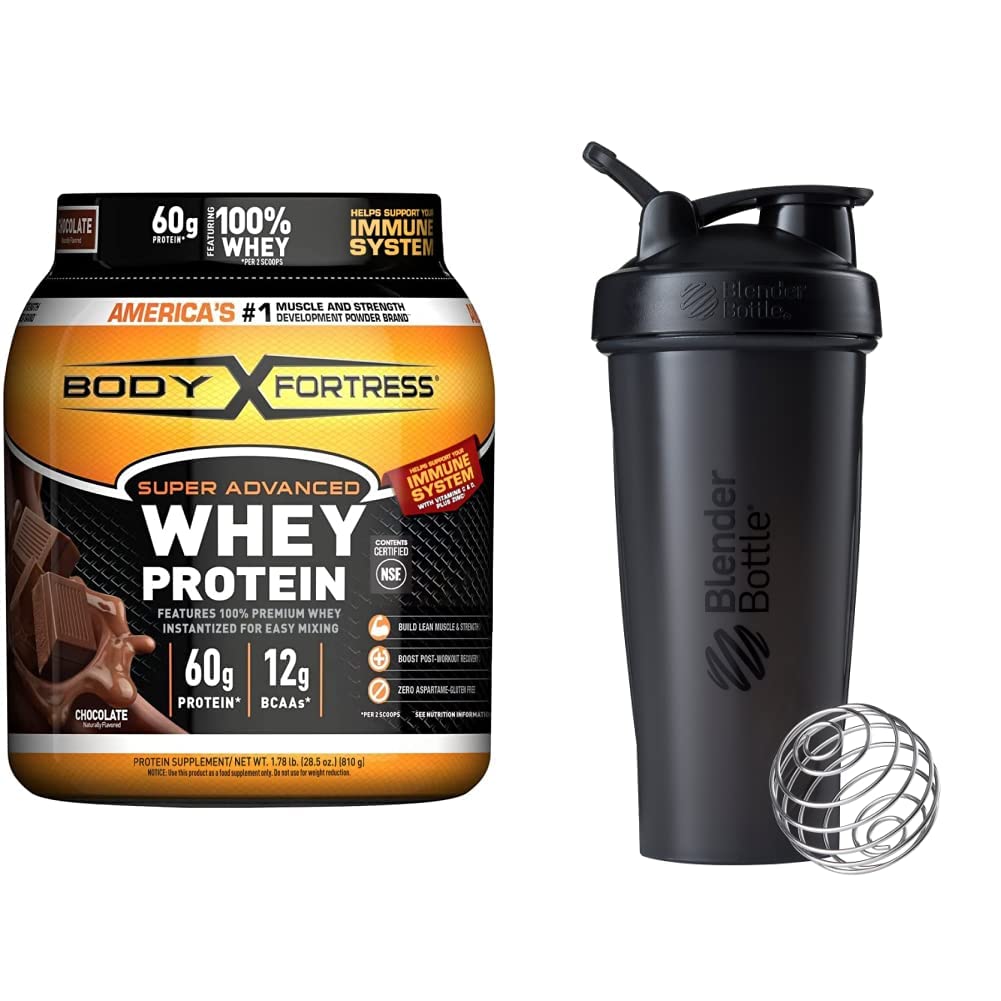 Body Fortress Super Advanced Whey Protein Powder - Chocolate Flavor 1.78lbs & BlenderBottle Classic 28oz Shaker Cup - Perfect for Post-Workout Recovery, Gym Nutrition & Muscle Building