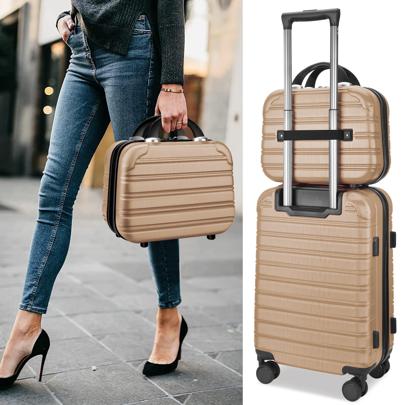 2-Piece Lightweight Spinner Wheel Carry-On Luggage Set - 14/20 Inch Airline Approved Hardshell Suitcase with TSA Lock (Champagne) - Perfect for Business Trips, Vacations & Weekend Getaways