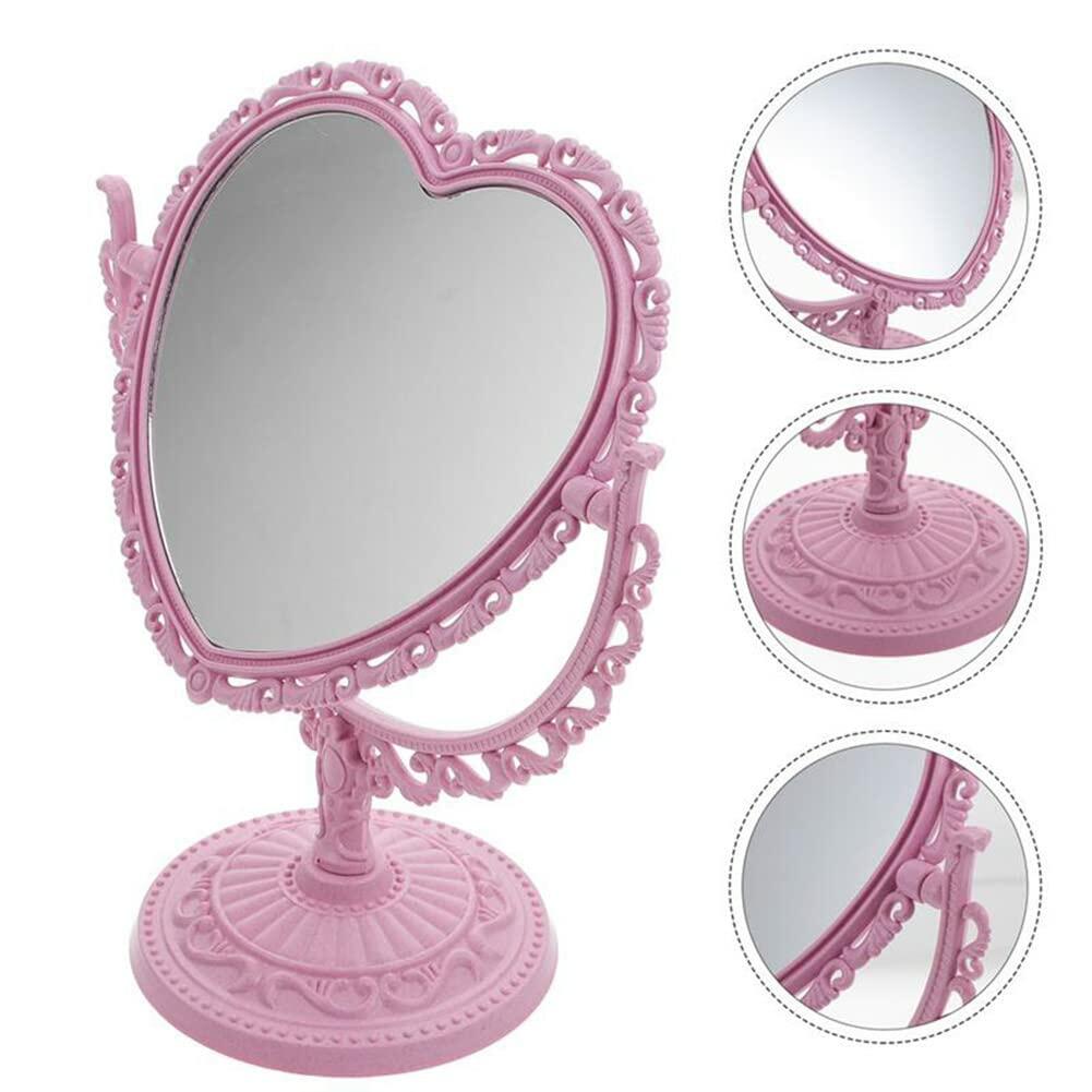 1 Pack Heart Shaped Cosmetic Mirror - Double Sided Pink Plastic Makeup Mirror with Stand, Portable Travel Vanity Mirror for Home, Bathroom, Dorm & Purse (Cute Gift for Women & Girls)
