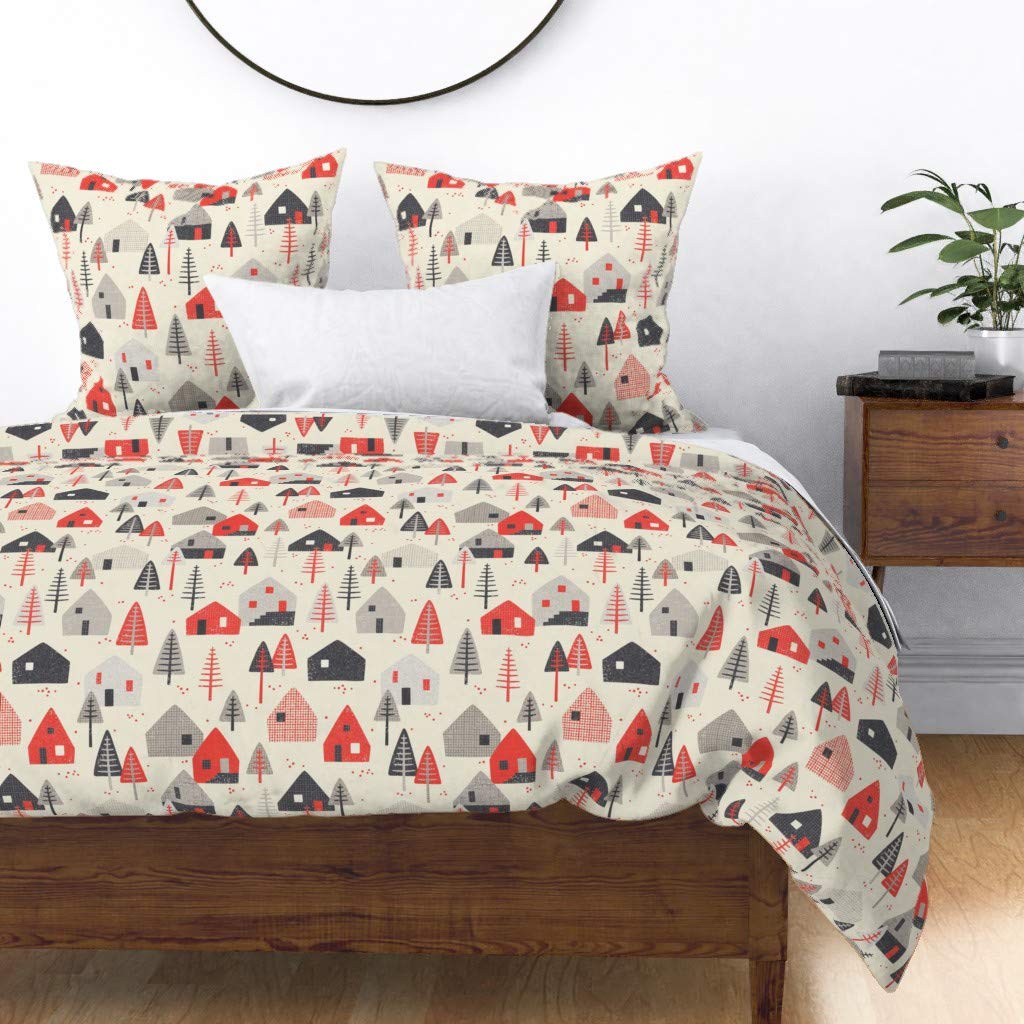 Custom Christmas Village Winter Alpine Duvet Cover - King/California King Size Cotton Sateen Bedding | Midcentury Modern Ski Mountain Circus Scandinavian Print | Perfect for Holiday Decor & Cozy Winter Bedrooms