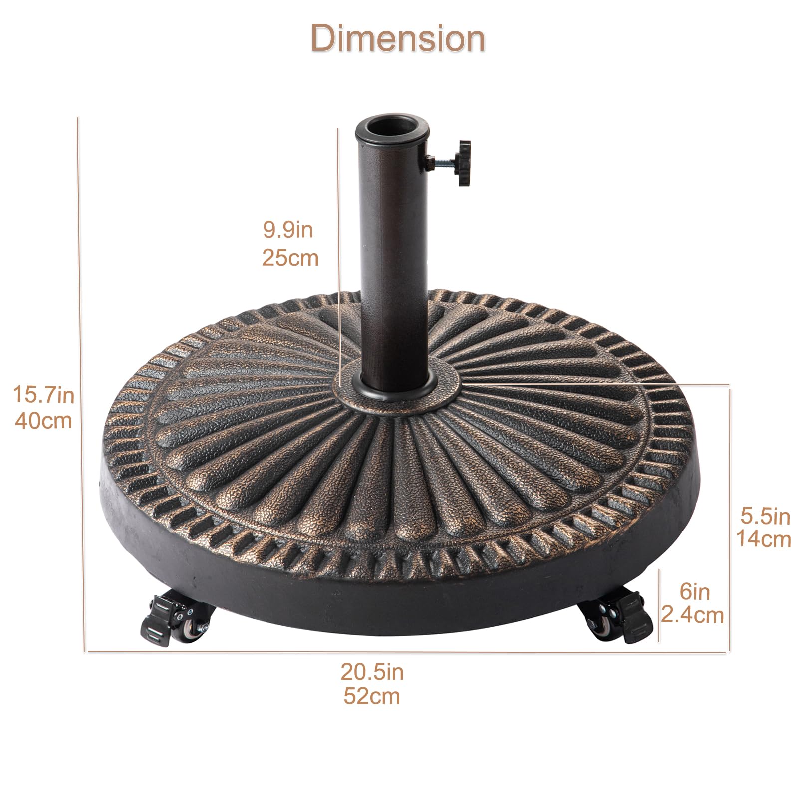 Heavy Duty 52 lb Bronze Round Base Stand with Rolling Wheels for Outdoor Patio Umbrella - Perfect for Garden, Backyard, and Market Table Use