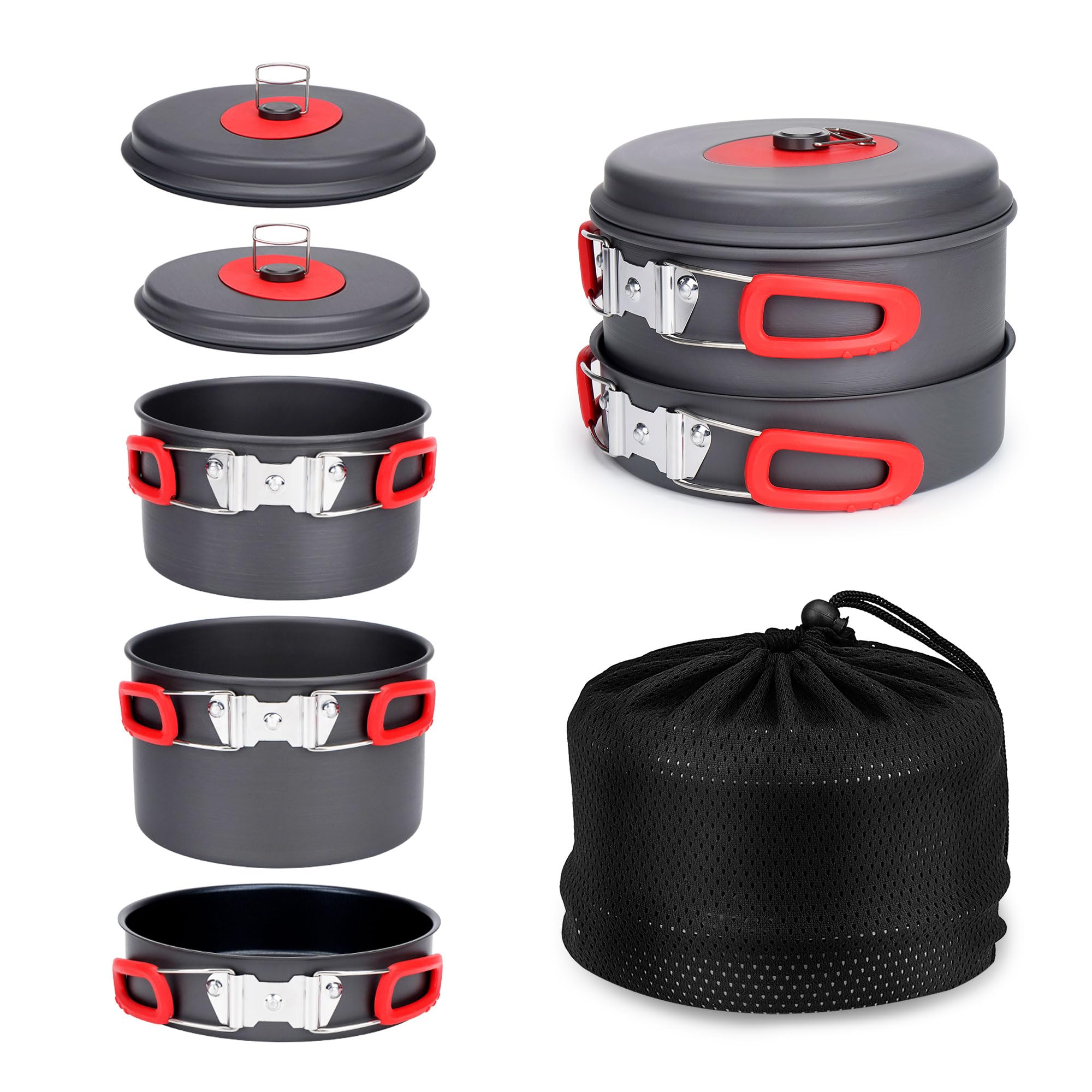 Alocs Lightweight Camping Cookware Set - Compact Outdoor Pots and Pans for Backpacking, Hiking & Picnics | Durable Hard Alumina Cooking Gear with Mesh Carry Bag | Perfect for Camping Trips, RV Adventures & Outdoor Cooking