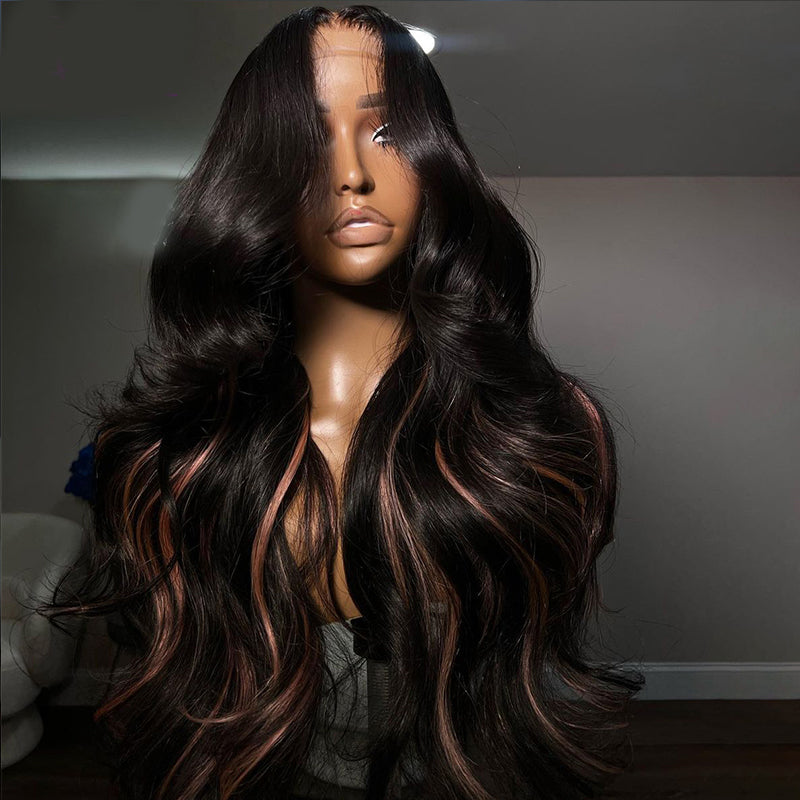 Eullair Body Wave Human Hair Wig with Pink Highlights - Glueless Lace Frontal Wig for Women - Perfect for Daily Wear, Parties & Cosplay
