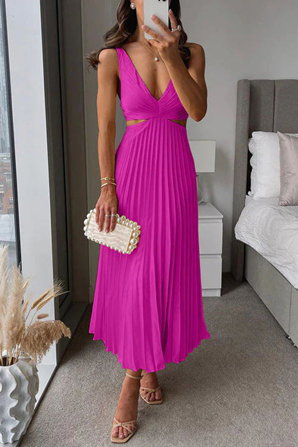 Elegant Summer Floral Print Pleated Cutout Waist Loose Midi Dress for Women - Perfect for Beach Vacations, Garden Parties & Casual Outings