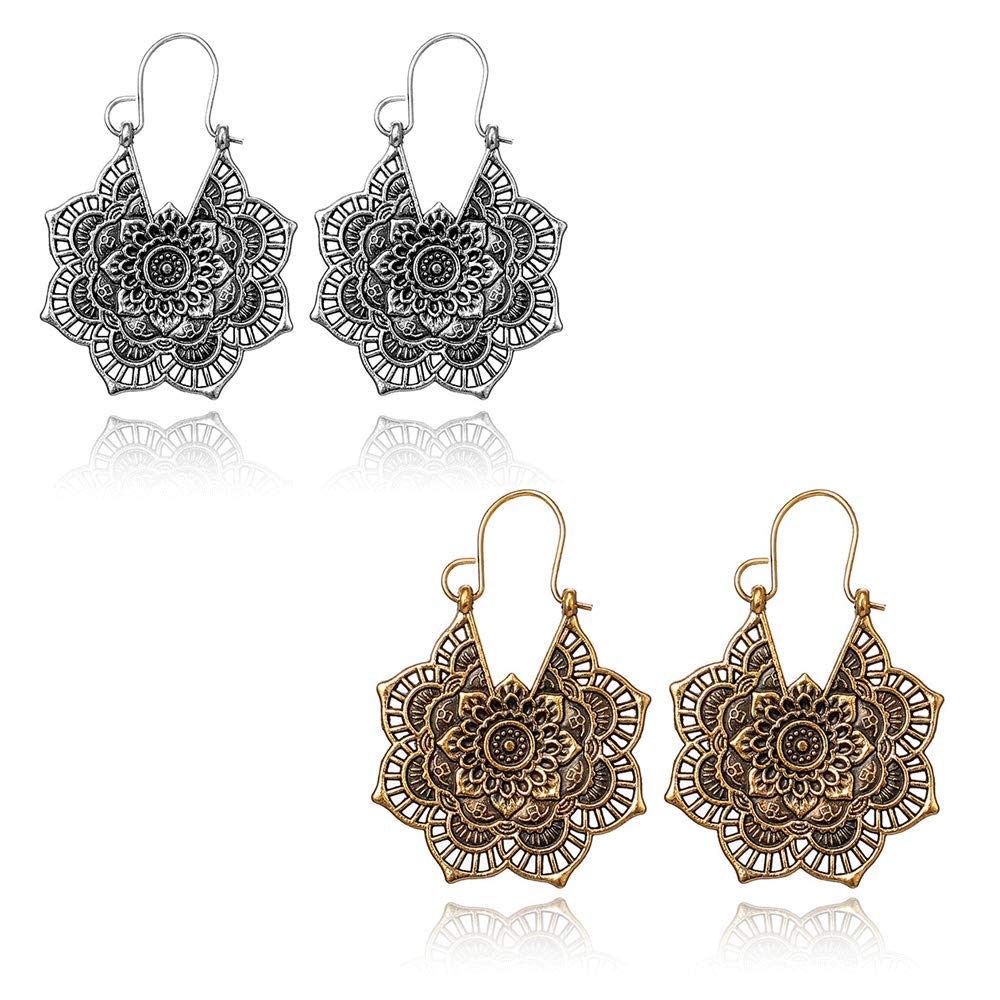 Vintage Bohemian Earrings for Women - 2 Pair Mandala Flower Dangle Drop Earrings, Tribal Hollow Gypsy Style Jewelry | Perfect for Festivals, Parties & Boho Fashion