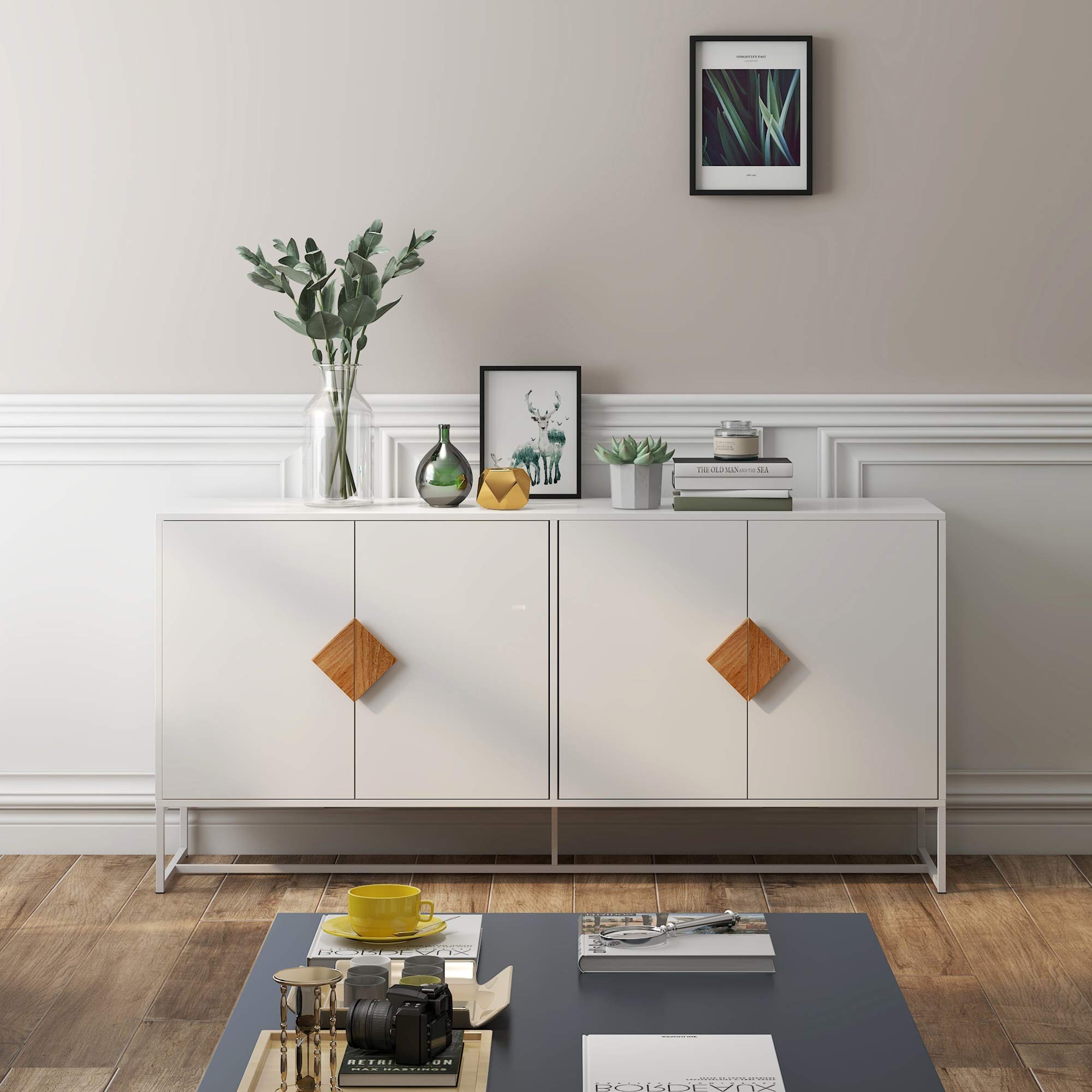 HABITRIO Solid Wood Kitchen Buffet Sideboard with 4 Doors & Double Storage - Unique Square Handle Design - Free Standing Storage Cabinet for Dining Room, Kitchen & Home Decor - Perfect for Entertaining & Organizing Dishes