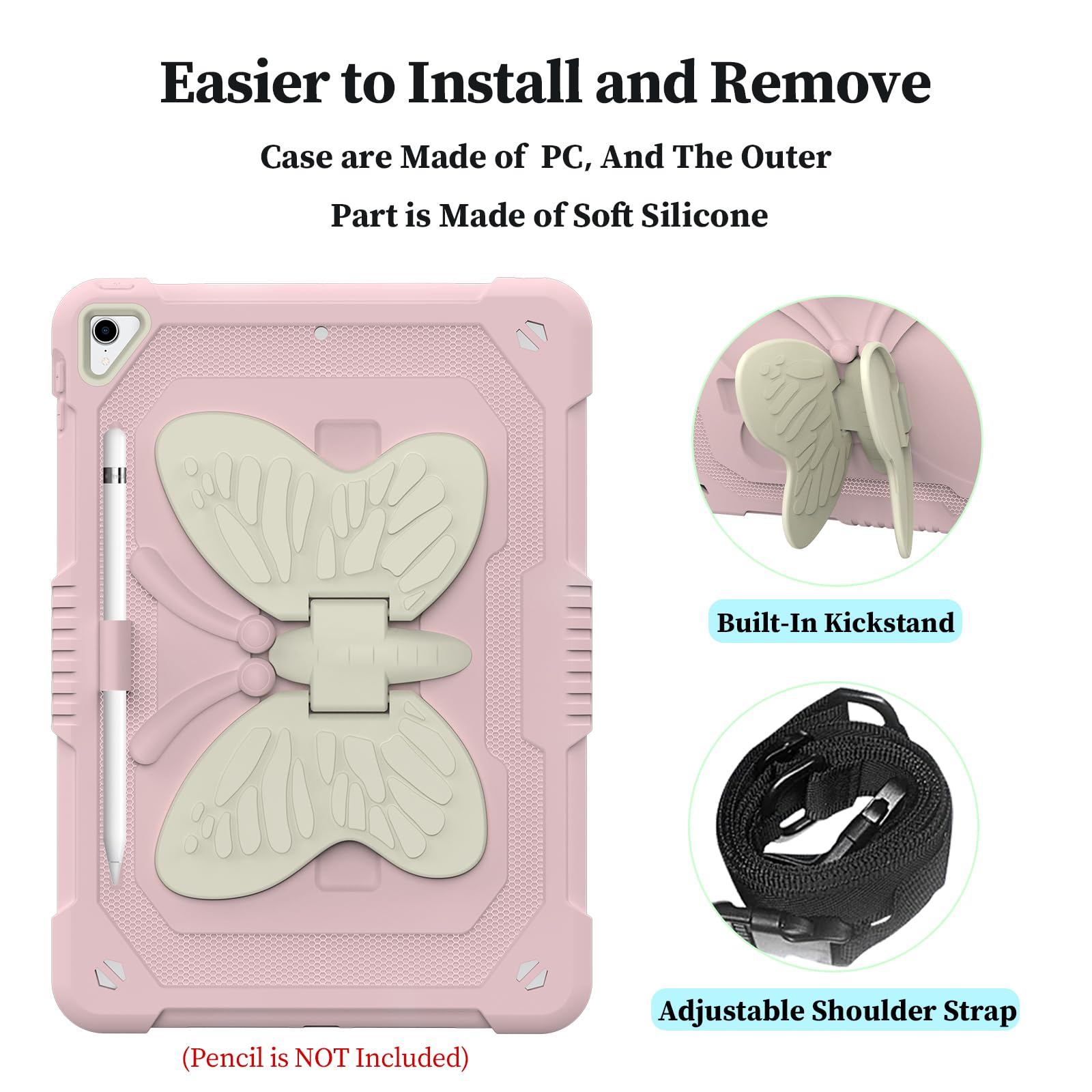 Shockproof Kids iPad Case for iPad 9th/8th/7th Gen & iPad Air 3rd Gen 10.2 Inch - Pink Butterfly Design with Pencil Holder, Adjustable Stand & Shoulder Strap | Perfect for School, Travel & Home Use