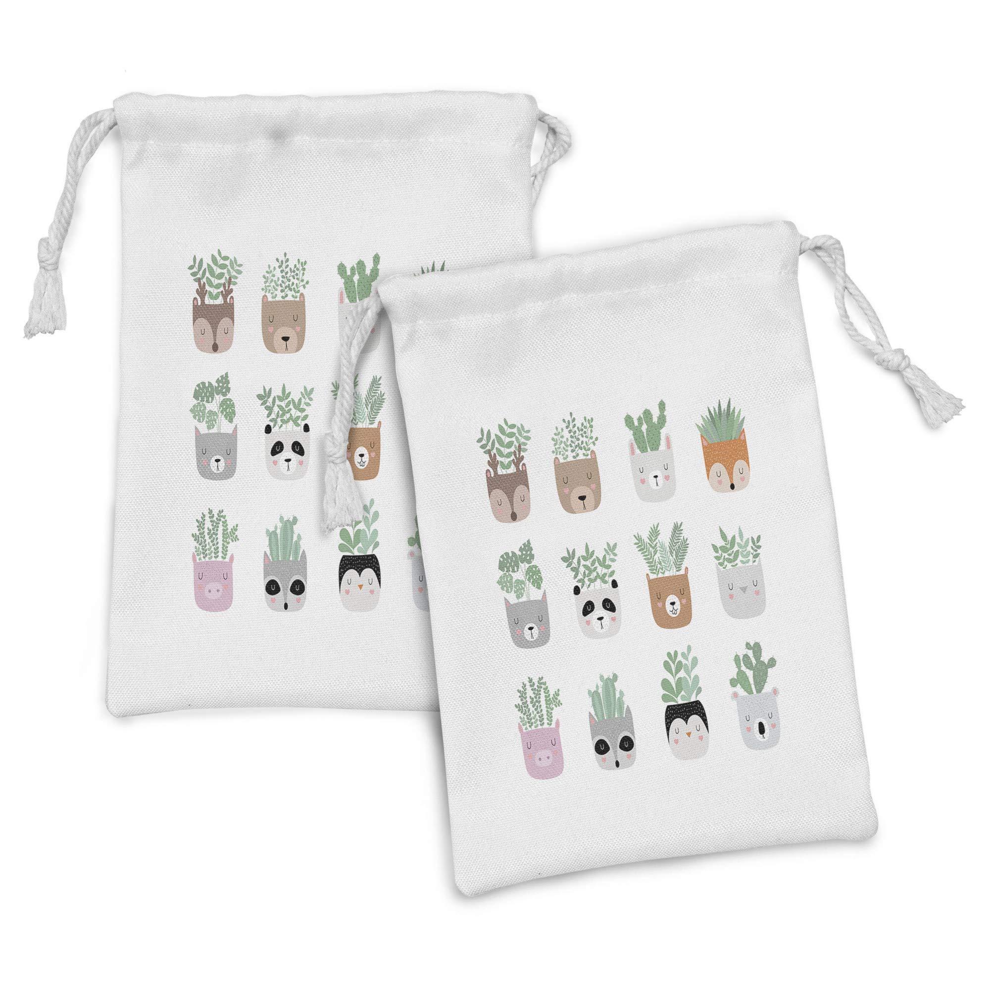 Ambesonne Woodland Fabric Pouch Set of 2 - Funny Animal Pot Plant Design Drawstring Bags for Toiletries, Travel Essentials & Party Favors (9