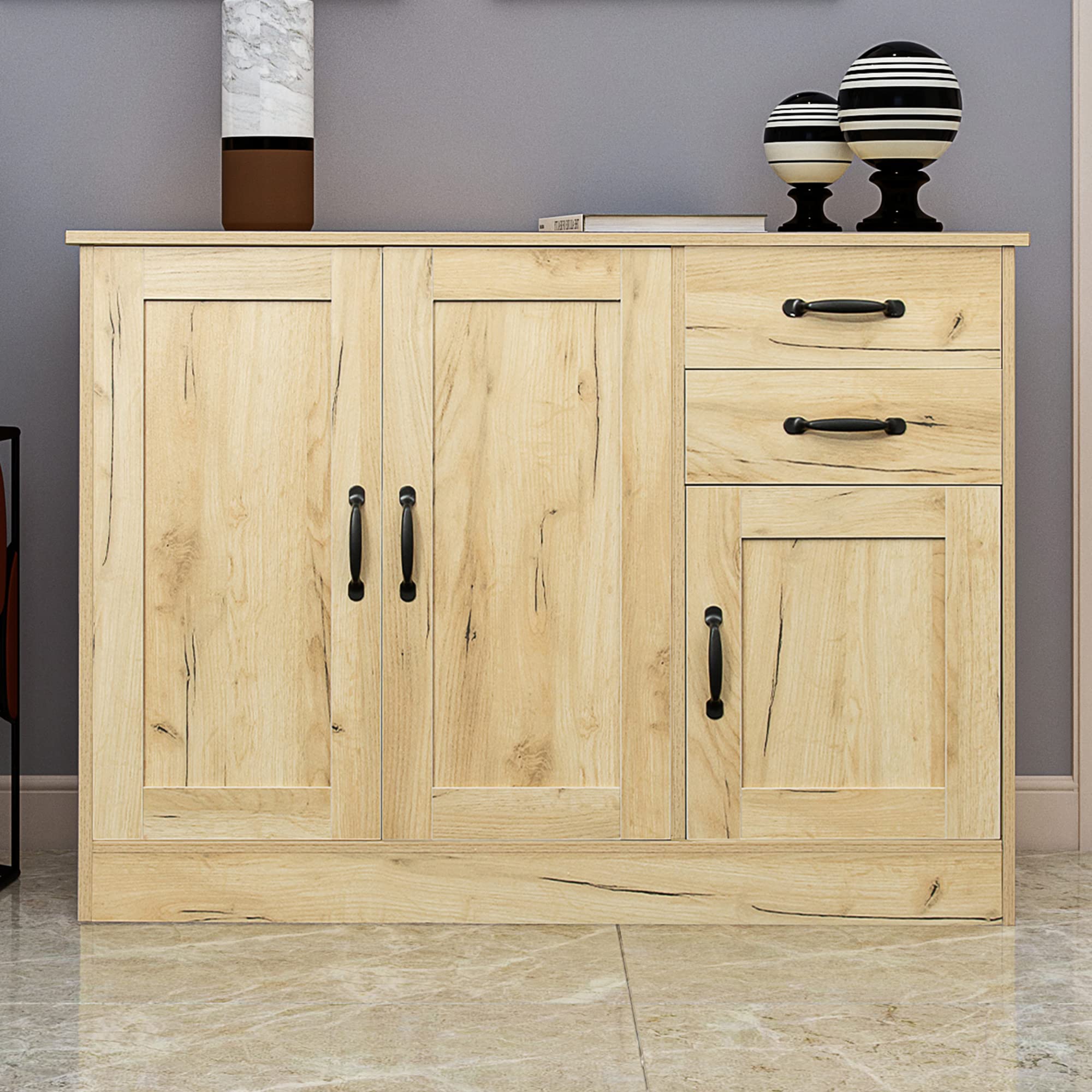 Modern Oak Buffet Sideboard with Metal Handles - 2 Door Storage Cabinet with Adjustable Shelf & 2 Drawers - Elegant Console Table for Dining Room, Living Room or Entryway Storage Solution