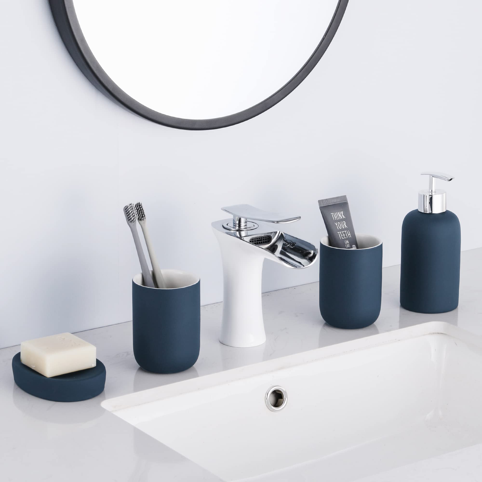 Premium 4-Piece Ceramic Bathroom Accessory Set - Soap Dispenser Pump, Tumbler & Soap Dish in Blue | Modern Vanity Decor for Guest Bathrooms & Master Suites