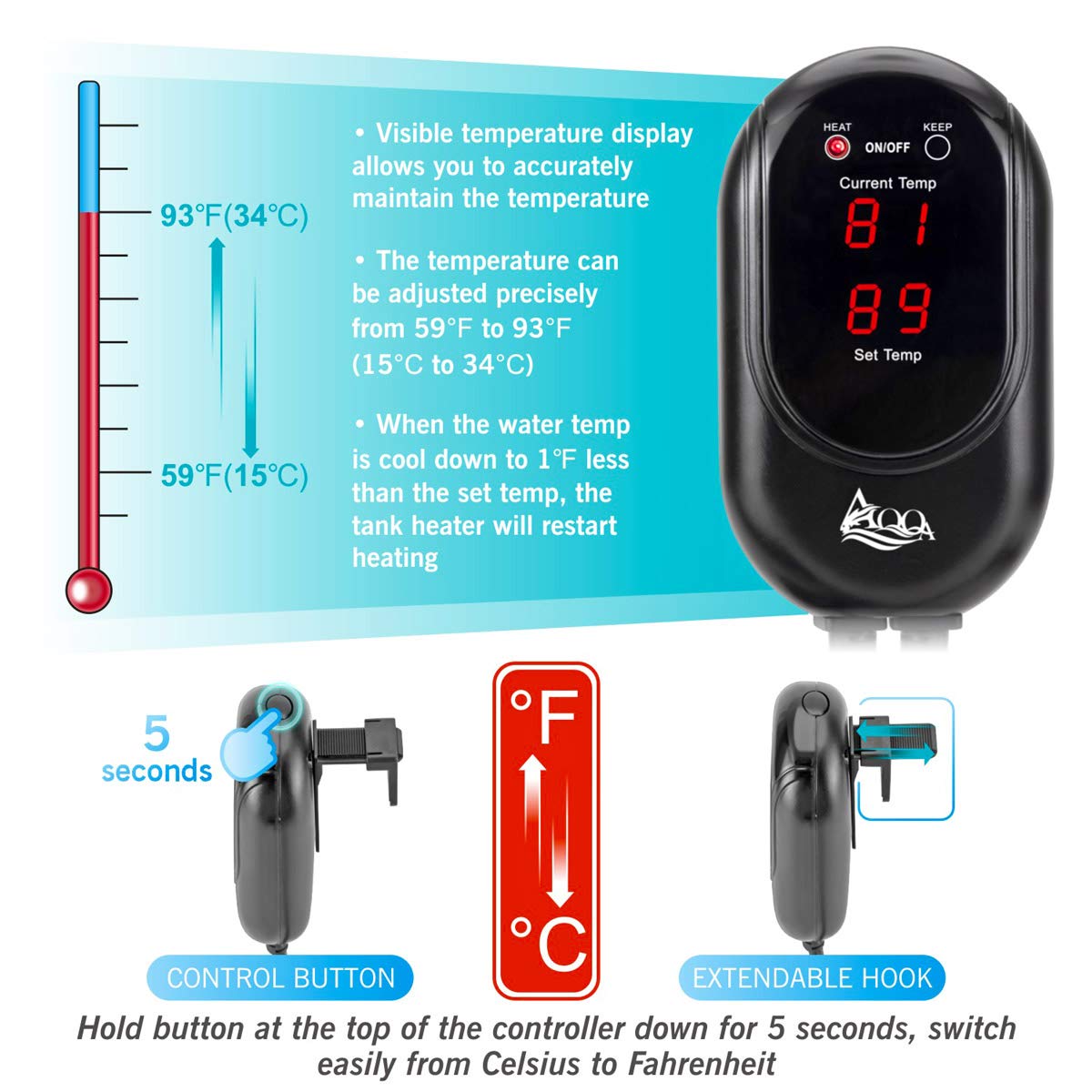 AQQA 200W Submersible Aquarium Heater for 45-80 Gallon Fish Tanks - Betta, Freshwater & Saltwater Thermostat Heater | Perfect for Home Aquariums, Fish Breeding & Tropical Tanks