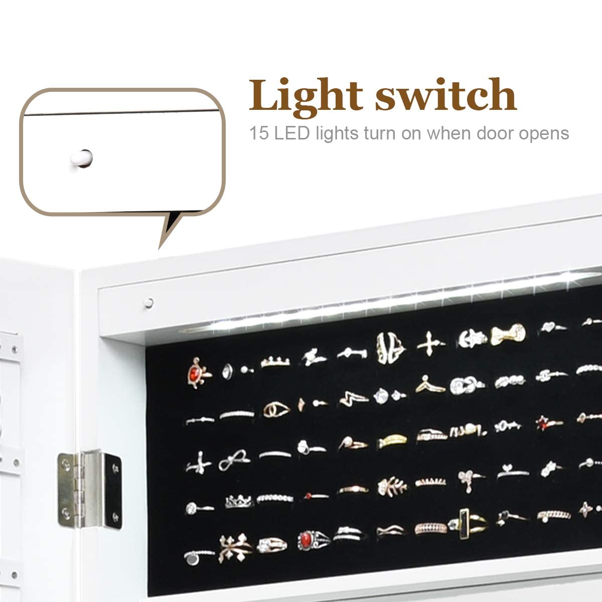 MAT EXPERT 15-LED Lighted Jewelry Armoire with Full-Length Mirror - Wall/Door Mounted Lockable Jewelry Cabinet Organizer for Bedroom, Dressing Room & Makeup Display - White Jewelry Storage Solution for Necklaces, Rings & Accessories