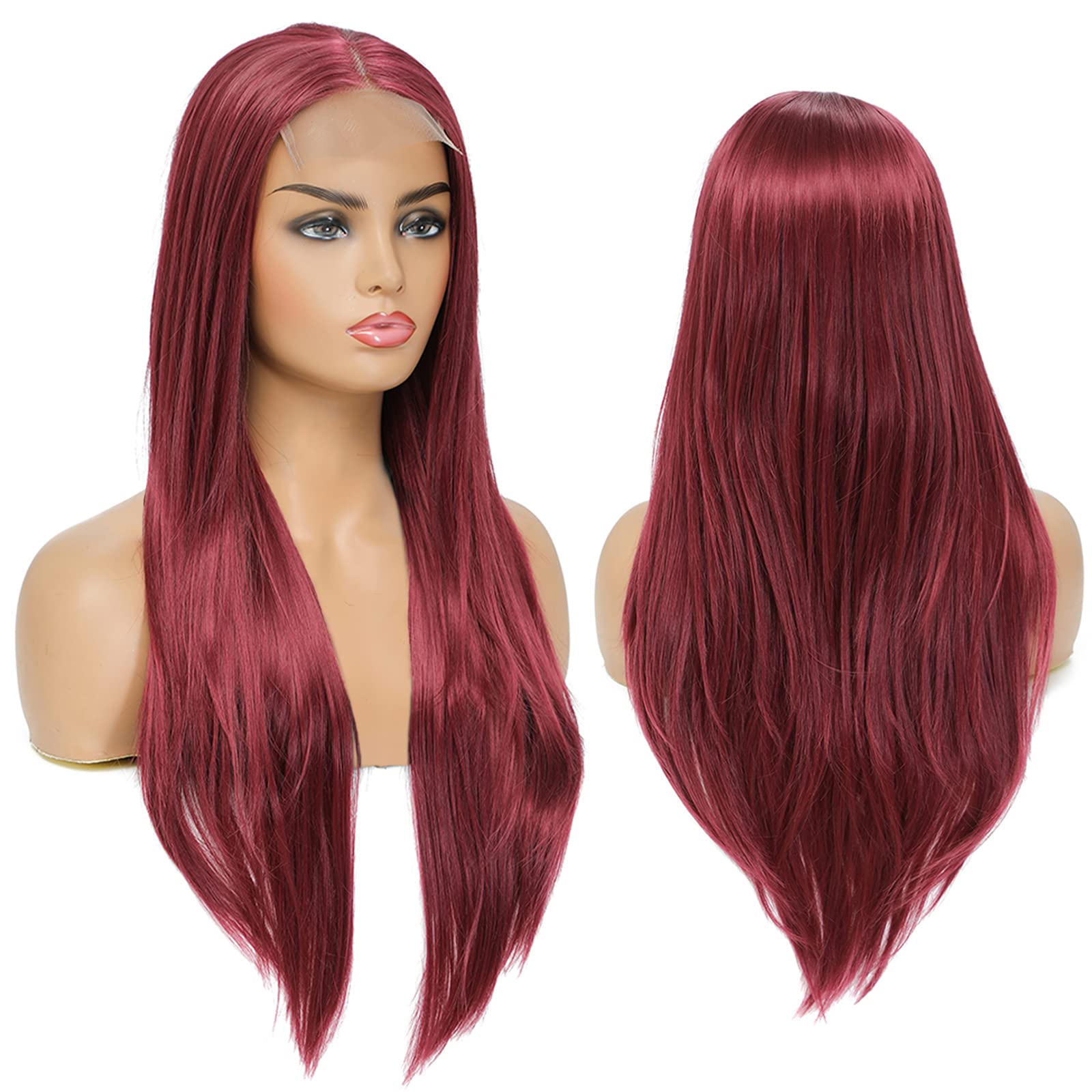 Qihang Long Red Lace Front Wig - 24 Inch Silk Straight Burgundy Synthetic Hair with 4x4 Lace - Heat Resistant for Women - Perfect for Parties, Cosplay & Daily Wear