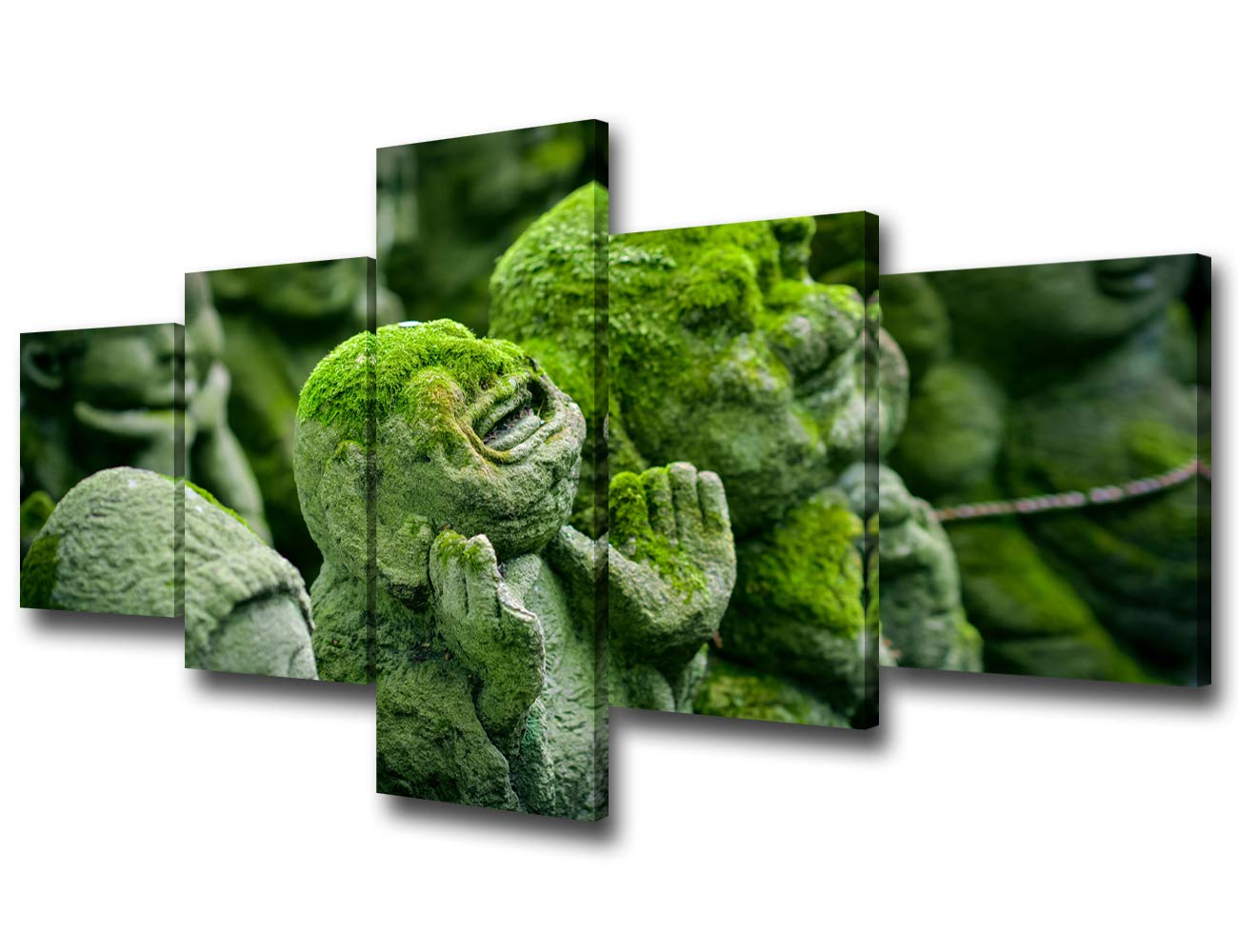 5 Panel Canvas Wall Art - Black and Green Ksitigarbha Statue Painting, Modern Wooden Framed Art Prints for Living Room Decor, Stretched & Ready to Hang (50