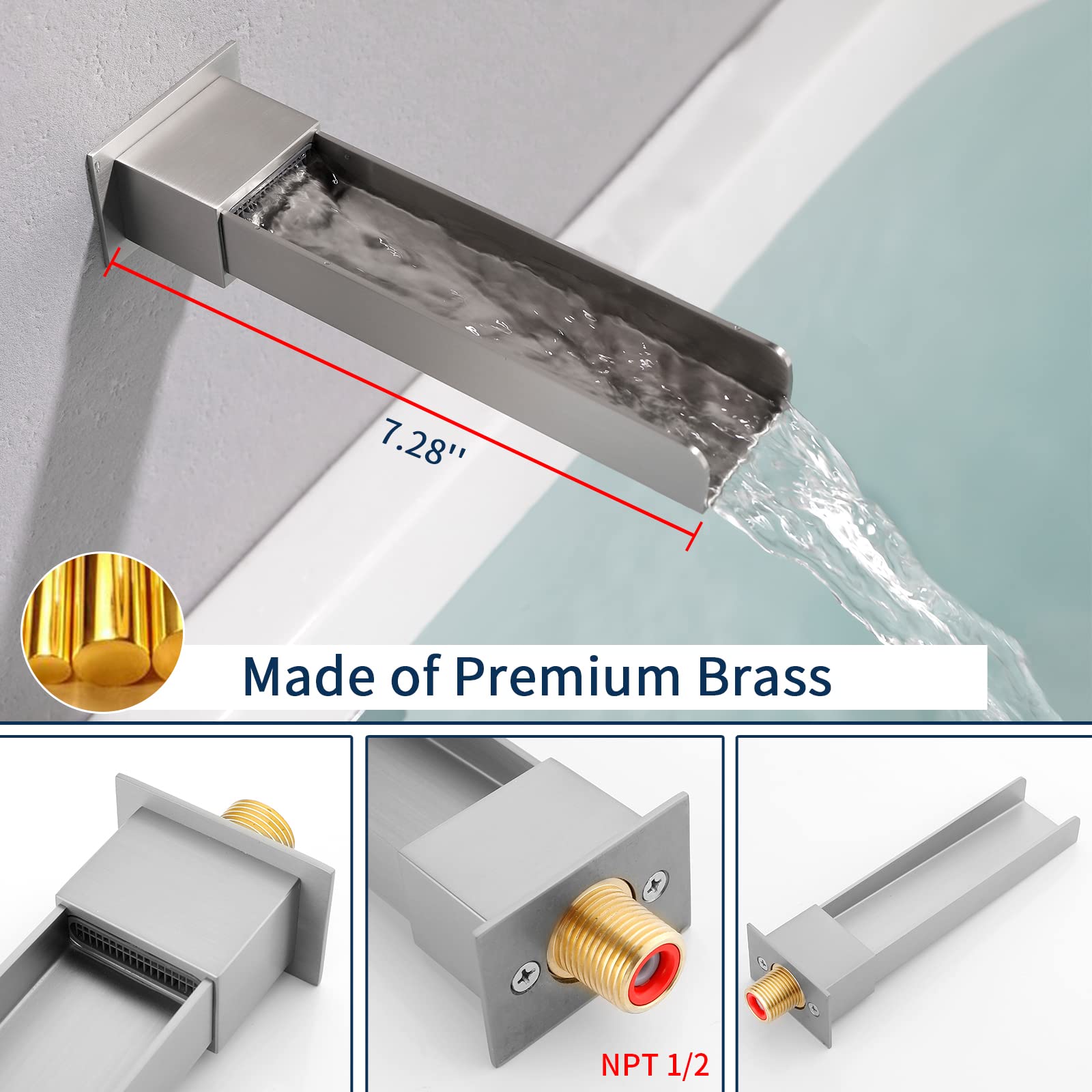 Waterfall Shower Faucet Set with Tub Spout - Brushed Nickel Wall Mount Shower System with Rough-in Valve - Perfect for Modern Bathroom Renovations & Spa-Like Showers