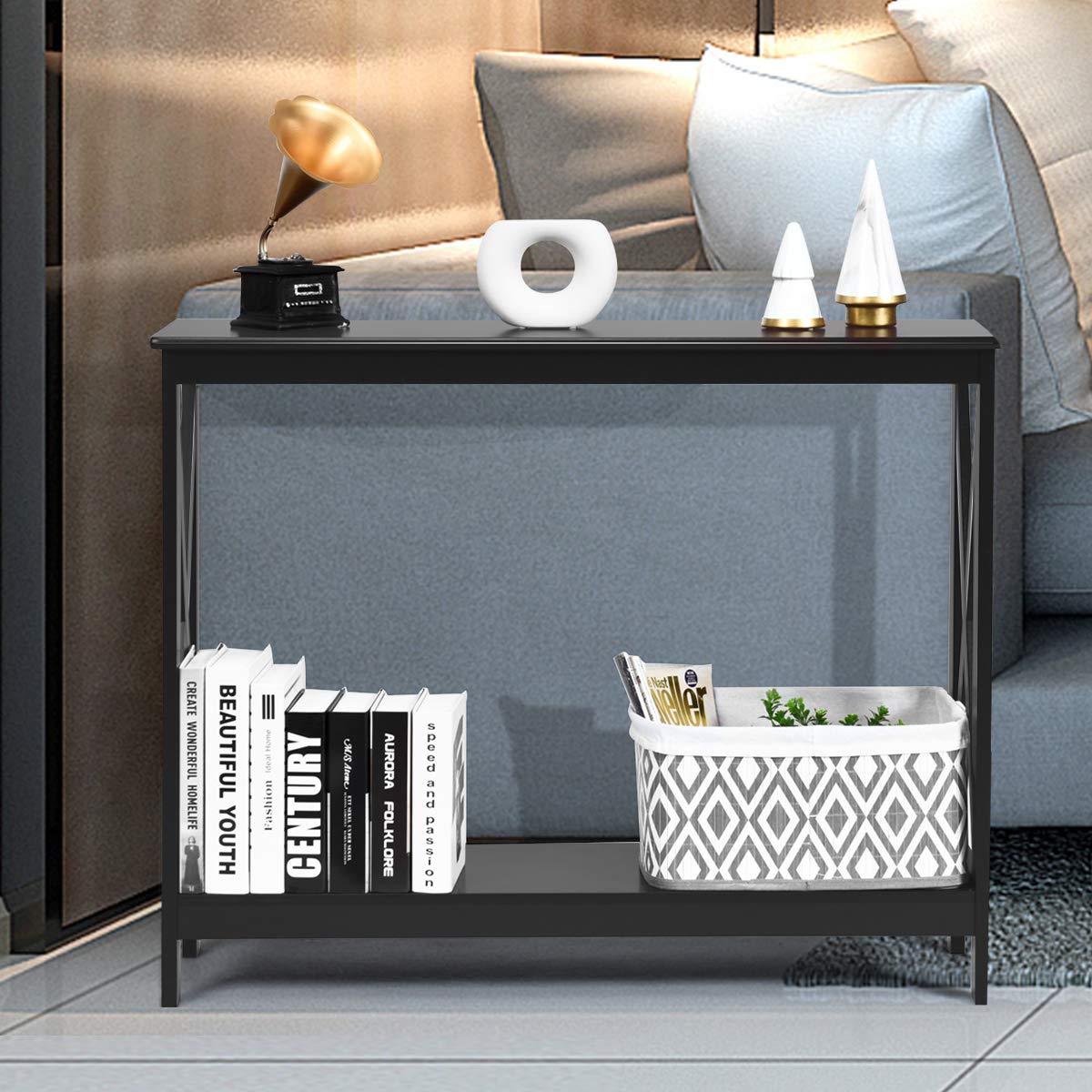 Giantex X-Design 2-Tier Console Table with Storage Shelf, Narrow Entryway Sofa Side Table for Hallway & Living Room - Perfect for Home Decor, Bookshelf & Accent Display (Black)