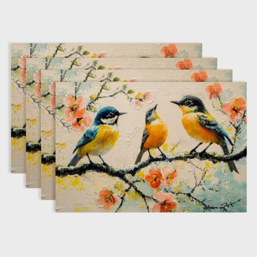 Lemon Tree Farmhouse Placemats Set - Waterproof Washable Kitchen Table Mats with Rustic Bird & Flower Design (18x12 Inch) for Dining Room Decor, Party, and Outdoor Picnic Use