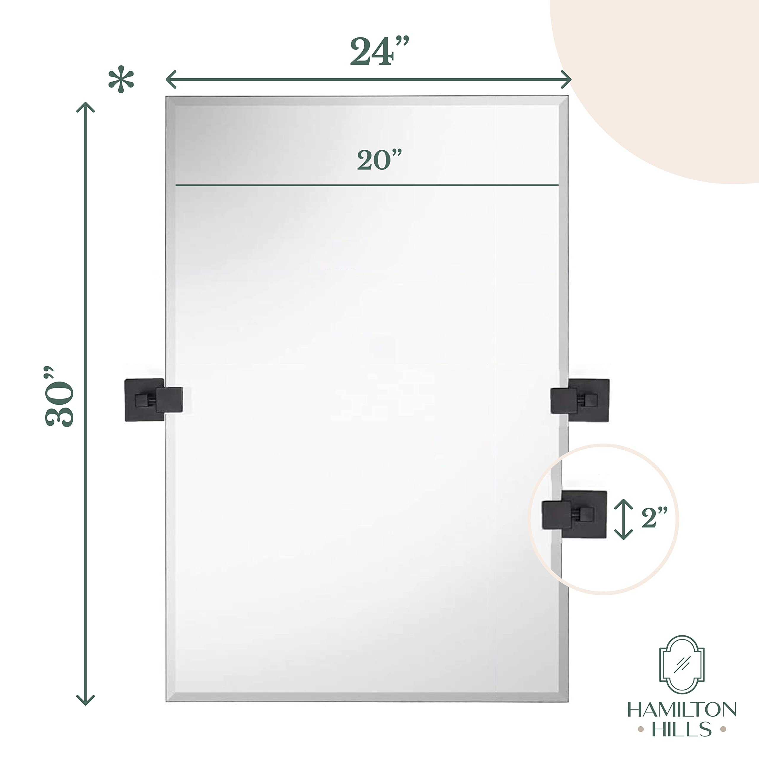 20x30 Inch Pivot Wall Mirror with Matte Black Brackets - Frameless Rectangular Bathroom Mirror - Adjustable & Tilting Vanity Mirror for Modern Farmhouse Decor - Perfect for Bathroom, Bedroom, and Entryway
