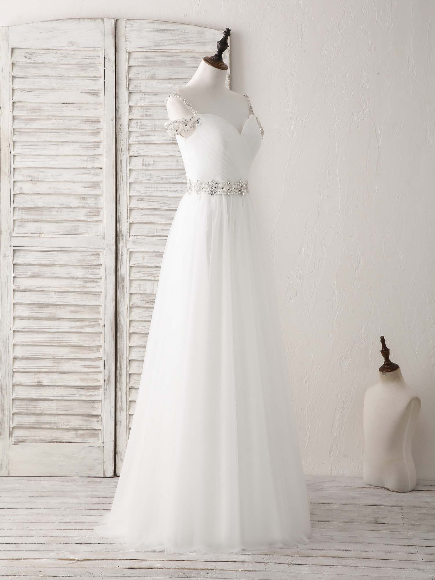 Elegant White Off Shoulder Tulle Beads Long Prom Dress - Formal Evening Gown for Homecoming, Wedding, and Special Occasions