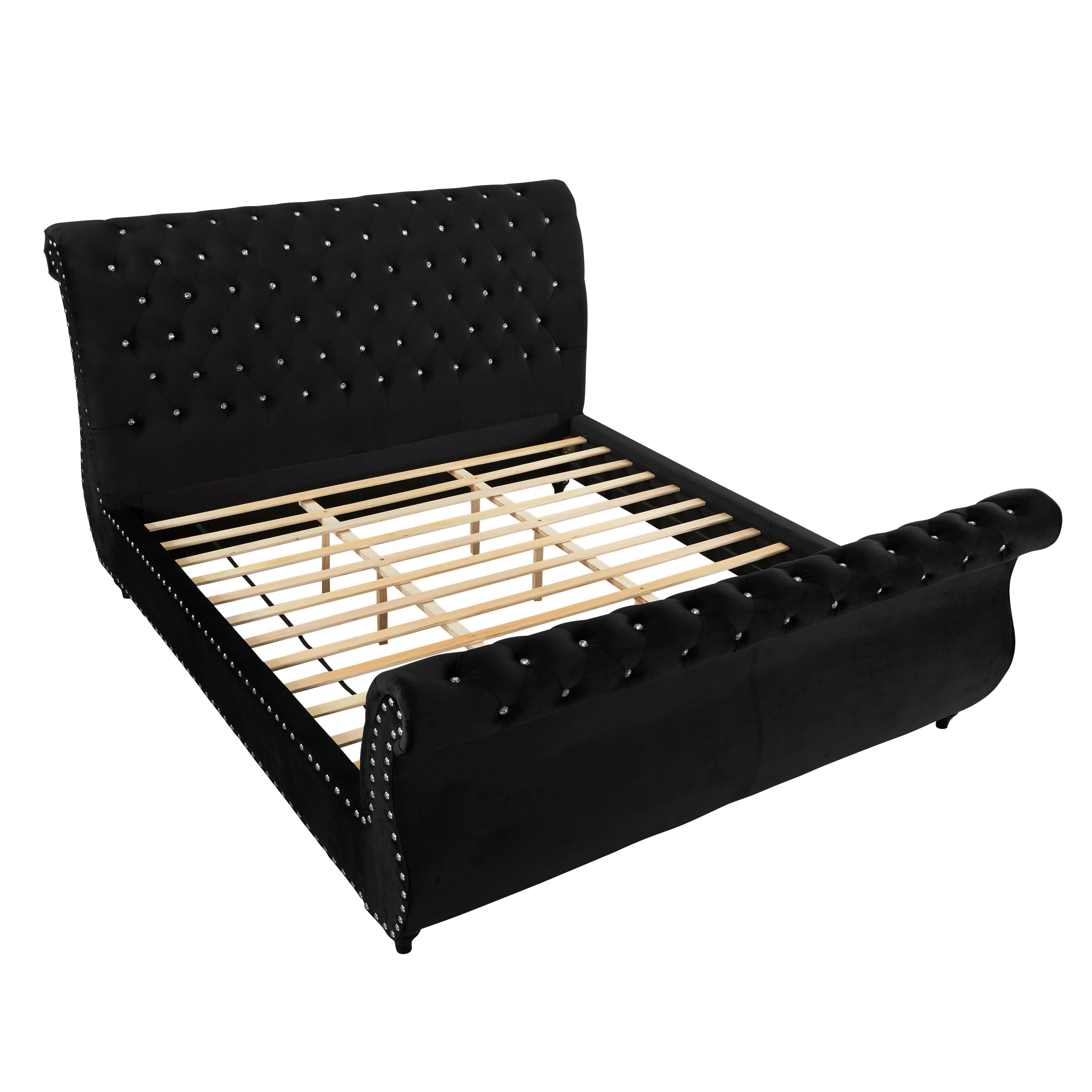 Roundhill Furniture Evora Velvet Upholstered Crystal Button Tufted Sleigh Bed - Queen Size Black Luxury Bed Frame for Master Bedroom | Elegant Tufted Headboard & Sturdy Wooden Base