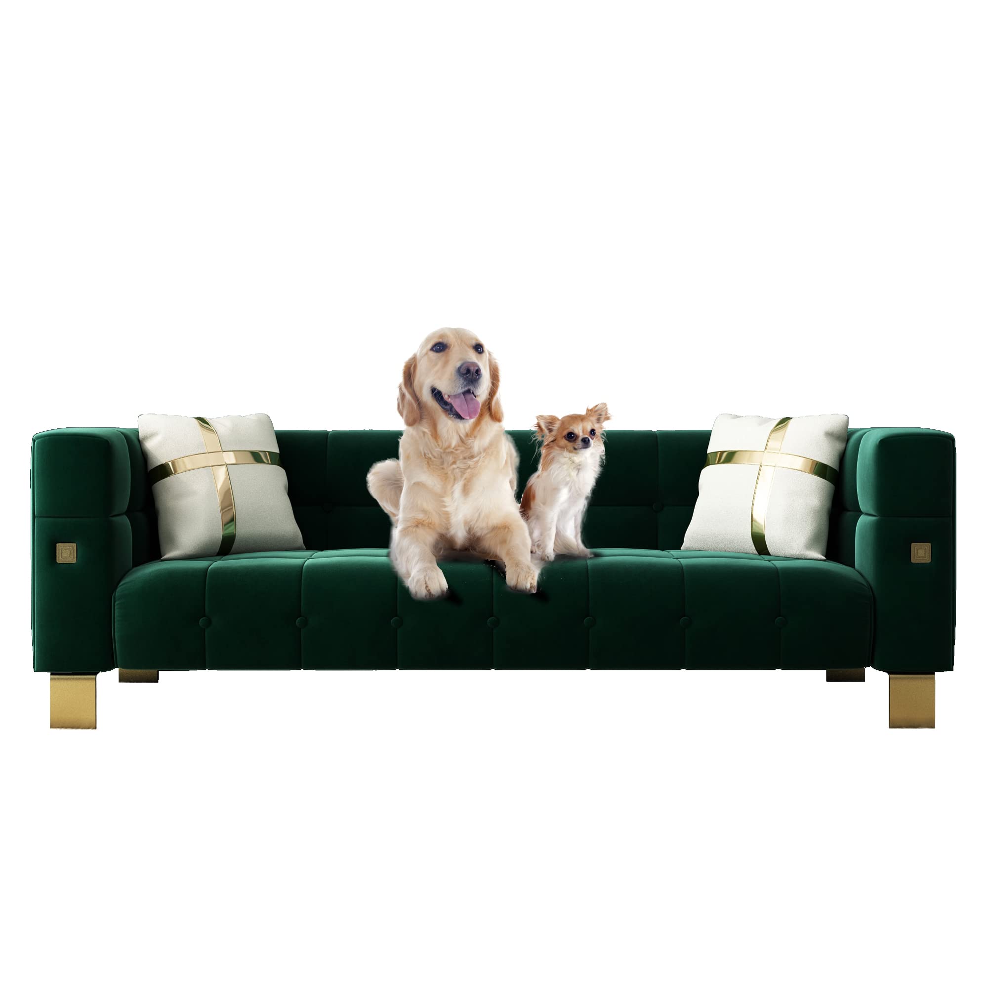 89 Inch Mid-Century Modern Sofa with Gold Metal Legs & 2 Throw Pillows - Green Velvet Living Room Couch for Lounge, Family Room & Apartment Decor