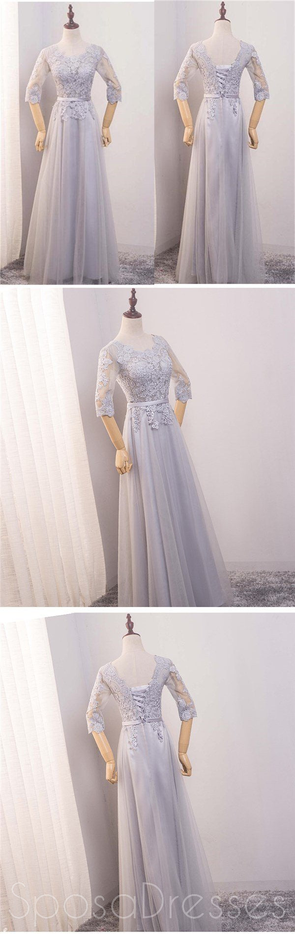 Elegant Long Sleeve Scoop Neck Gray Lace Prom Dress - Formal Evening Gown for Homecoming, Wedding, Party & Special Occasions | Style 17184