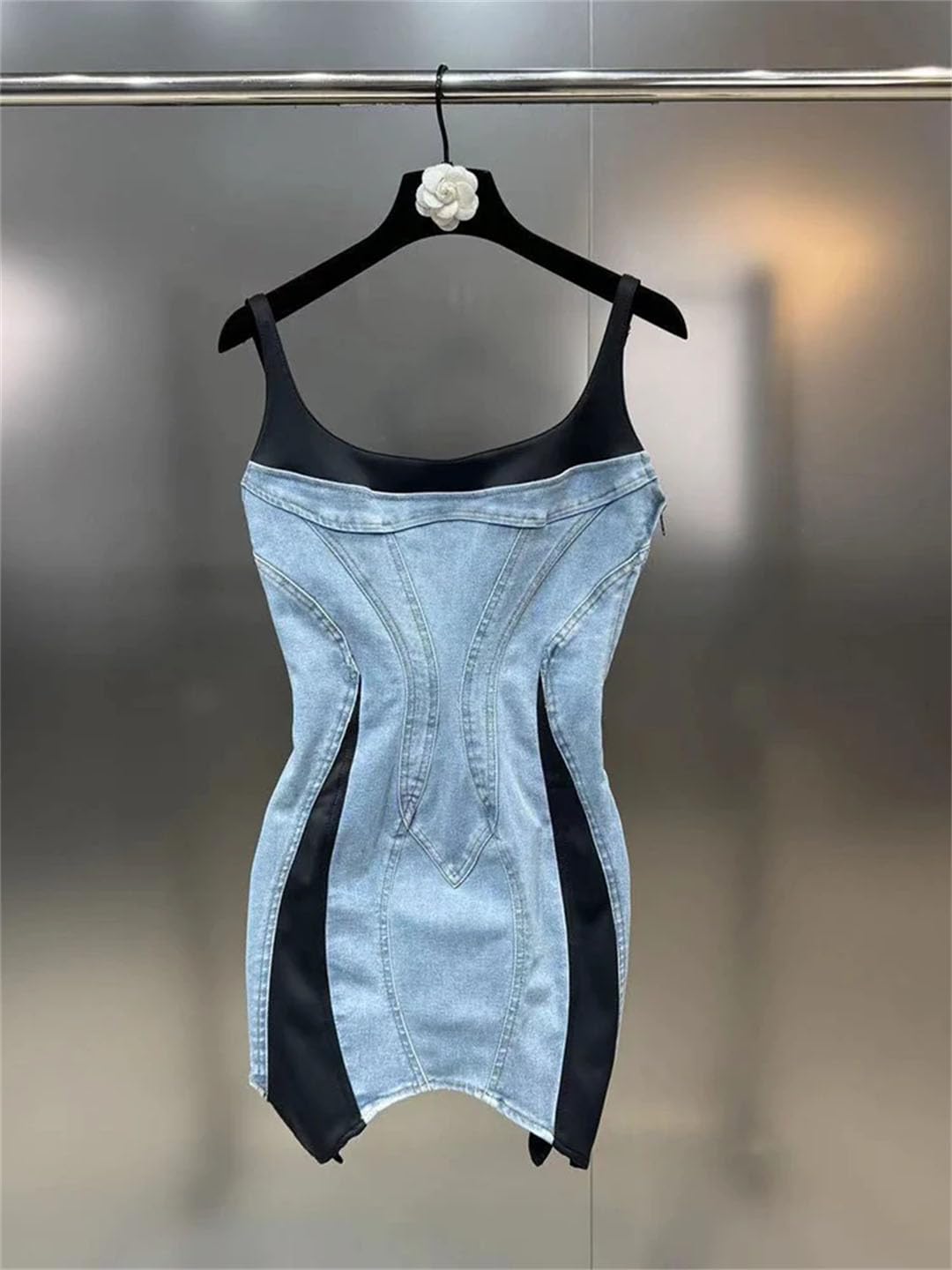 Women's Patchwork Elastic Denim Spaghetti Strap Sleeveless Wrap Dress - Casual Summer Boho Chic Hip Dress for Beach, Vacation & Date Night