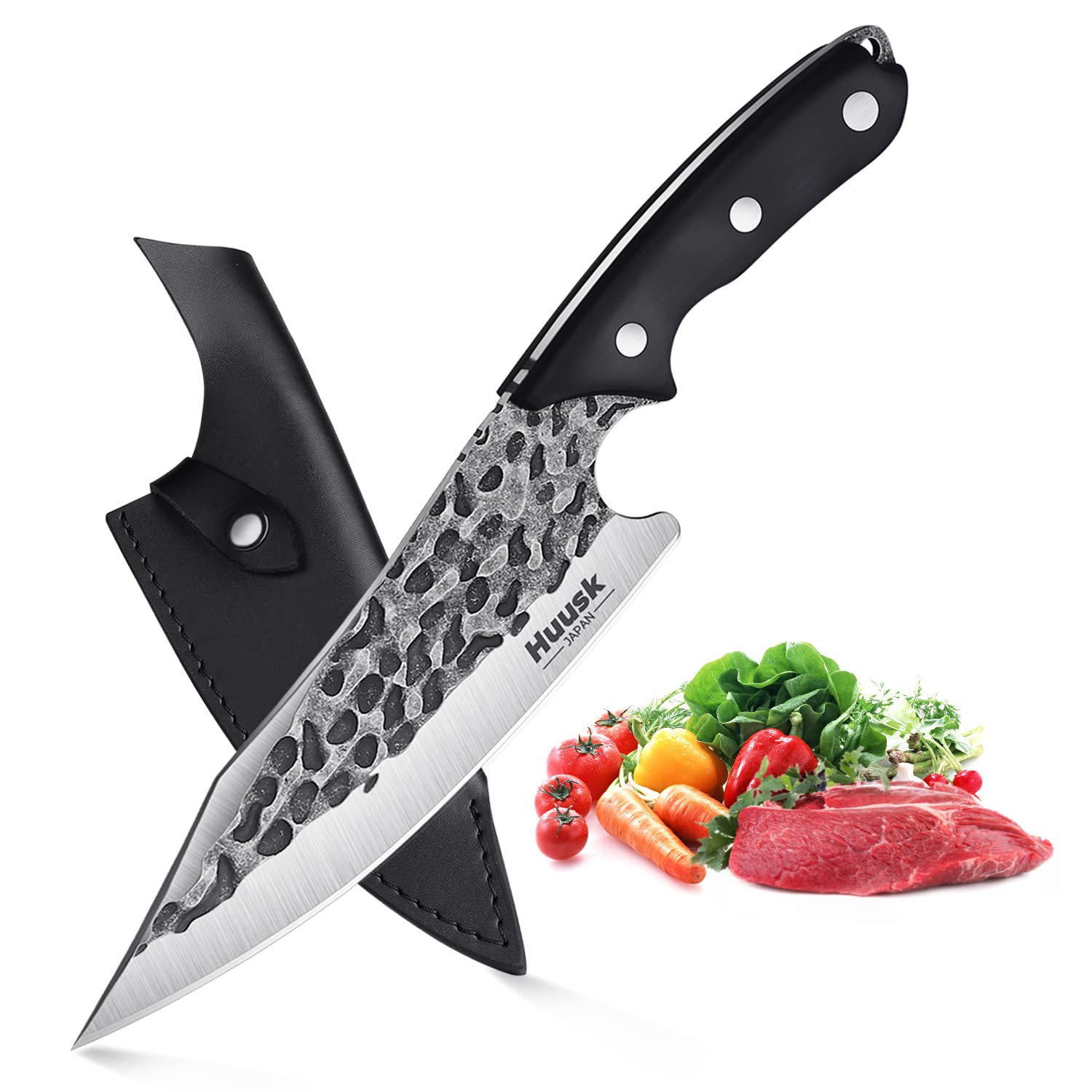 Premium Huusk Chef Knife & Camping Knife Set - High-Quality Japanese Stainless Steel Blade with Leather Sheath & Gift Box - Perfect for Professional Cooking, Outdoor Adventures & Gifts