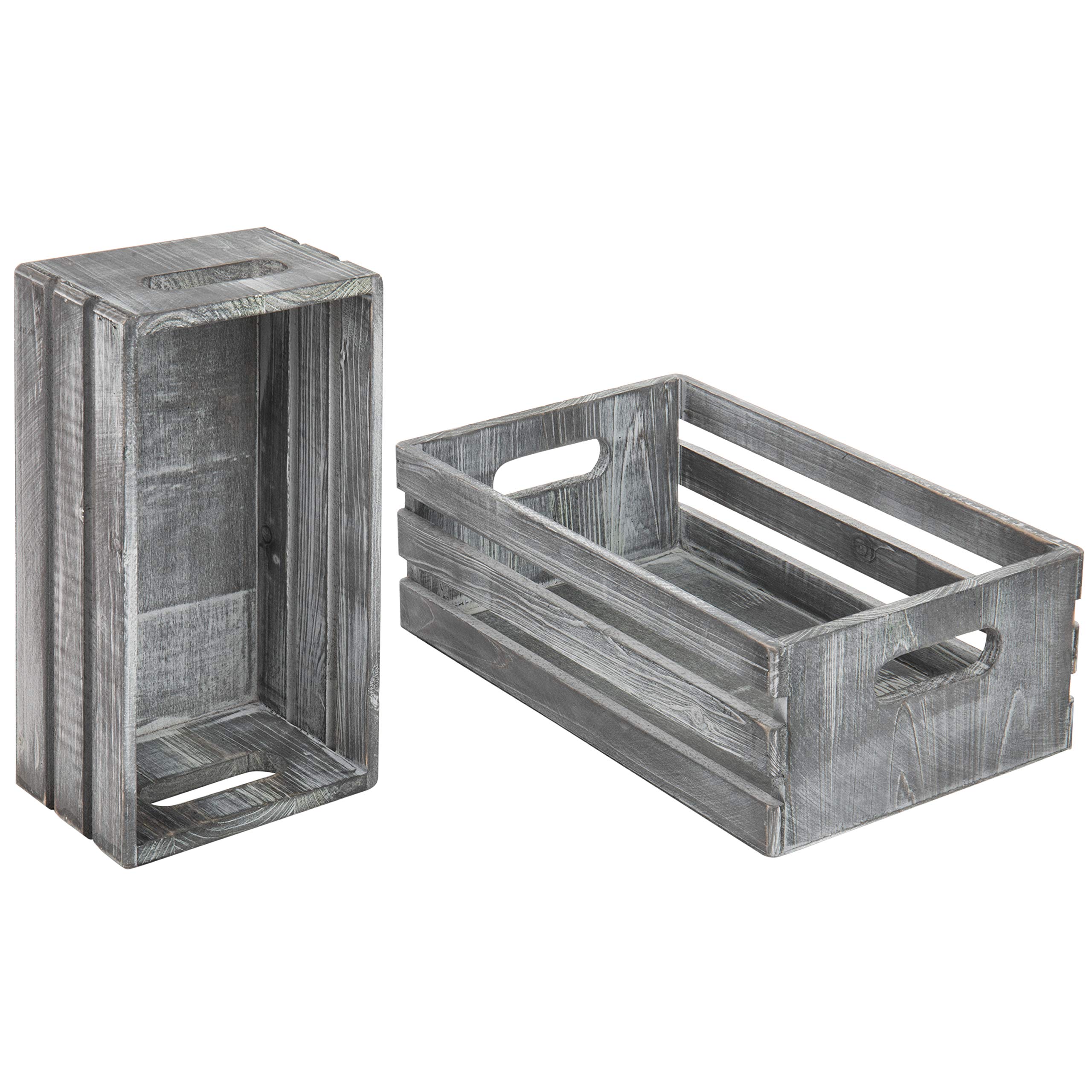 Rustic Dark Gray Wood Decorative Storage Boxes with Cutout Handles - Set of 2 Country Style Nesting Crates, Open Top Pallet Design Bins for Home Office, Farmhouse Decor, and Gift Wrapping