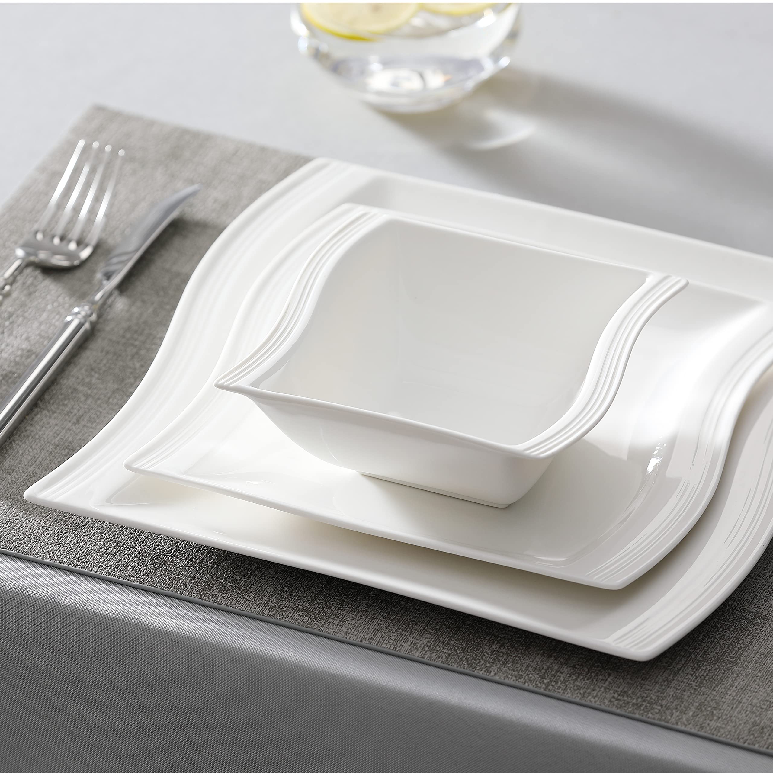 MALACASA 26-Piece Ivory White Porcelain Dinnerware Set - Square Plates, Bowls & Serving Platters for 6, Modern Flora Series Dish Set - Perfect for Family Dinners, Parties & Restaurant Use