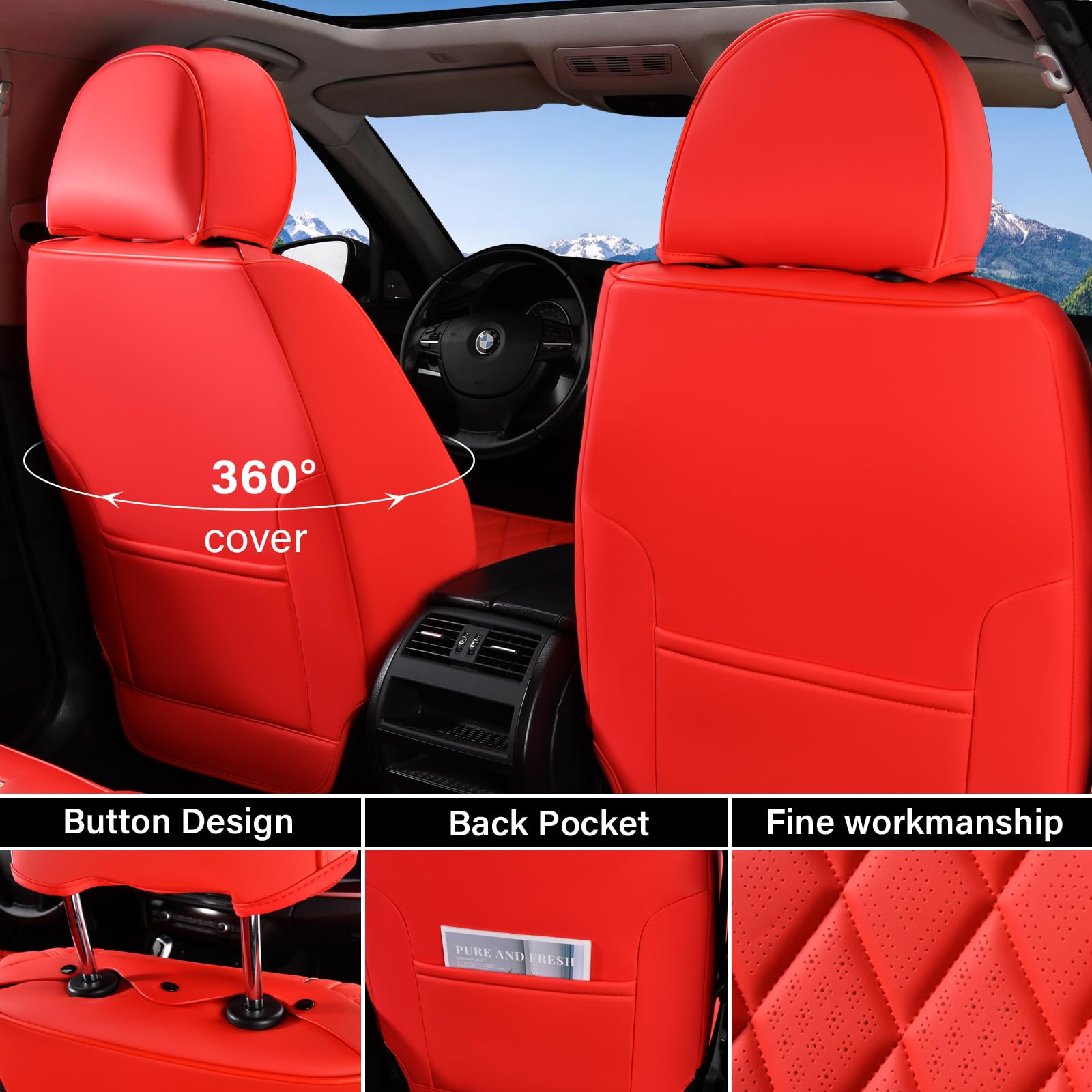 Premium Faux Leather Waterproof Car Seat Covers Full Set - Universal 5-Piece Front & Back Seat Protectors for Most Vehicles (Red) - Perfect for Family Cars, SUVs & Daily Commuting