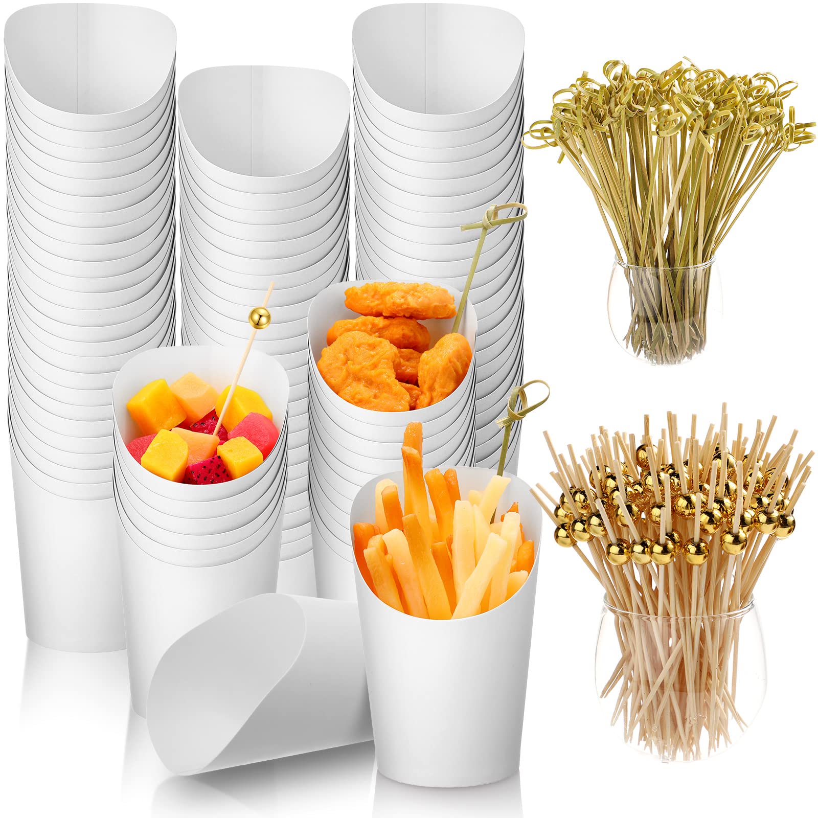 250 Pcs Disposable Charcuterie Cups with 200 Bamboo Skewers & 50 Cocktail Picks - 12 oz White Paper Cones for French Fries, Waffles, Popcorn - Perfect for Weddings, Parties, Takeout & Food Displays