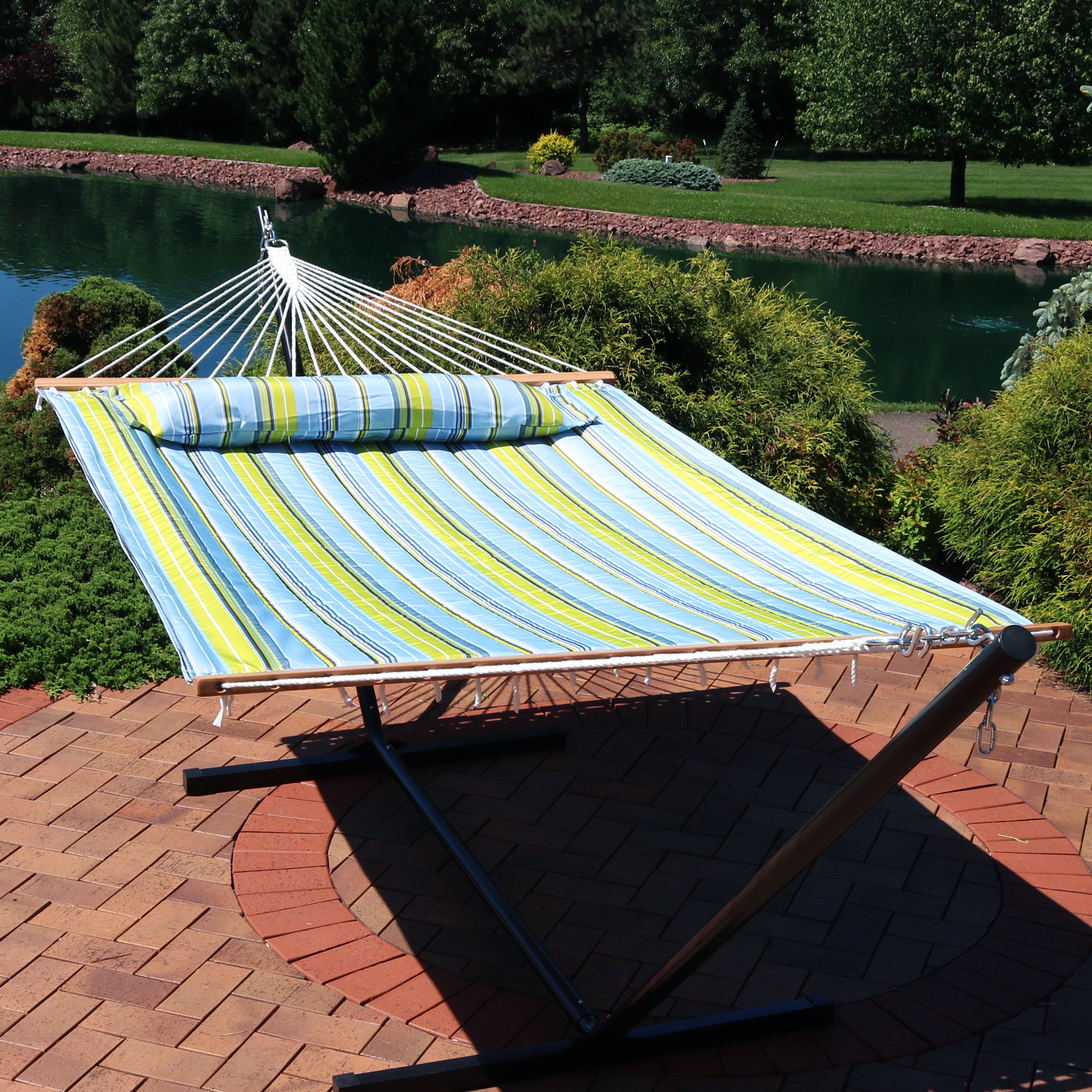 Sunnydaze 2 Person Quilted Fabric Double Hammock with Pillow - Portable Outdoor Hammock for Backyard, Camping & Beach Relaxation
