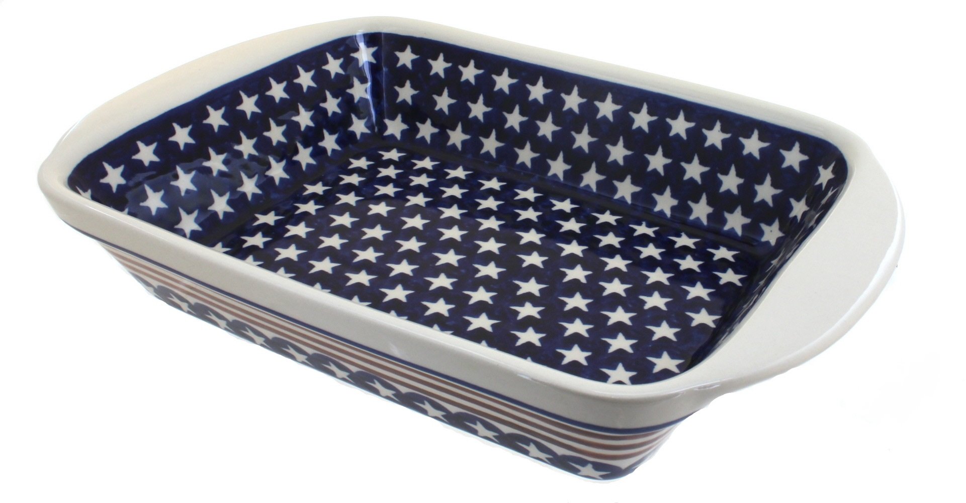 Blue Rose Polish Pottery Stars & Stripes Large Rectangular Baker with Handles - Handmade Ceramic Baking Dish for Casseroles, Lasagna & Holiday Meals - Perfect for Thanksgiving, Christmas & Family Gatherings