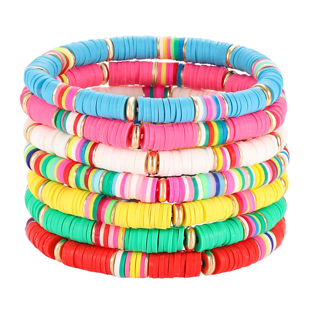 Rainbow Heishi Bead Stretch Bracelets for Women - Boho Vinyl Disc Beaded Friendship Bracelets - Stackable Layered Surfer Bracelets for Summer Beach Parties, Festivals & Everyday Boho Style