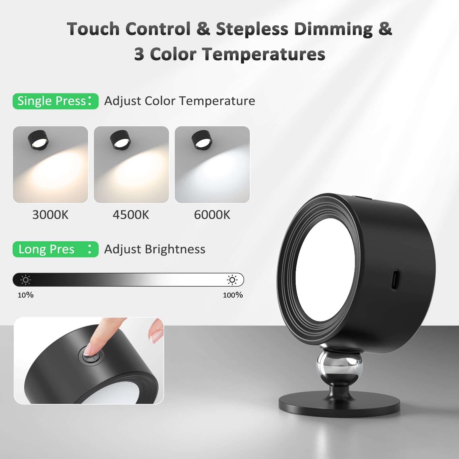 2 Pack LED Wall Sconces with Remote Control - Rechargeable Battery Operated Wall Lights, 3 Color Temperatures & Dimmable, 360° Magnetic Rotation for Bedroom, Hallway, Staircase Lighting