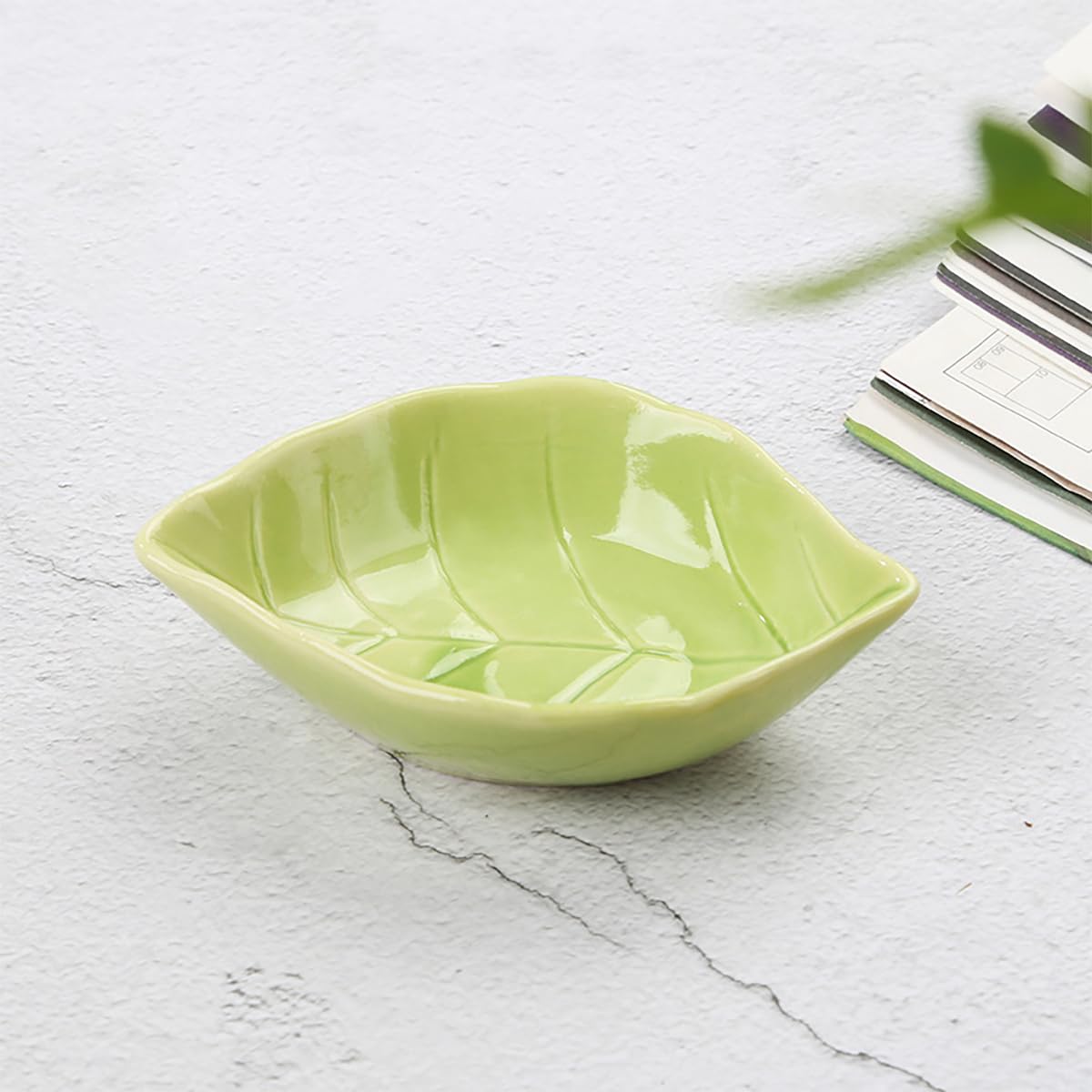WAIT FLY 4-Piece Green Ceramic Leaf-Shaped Condiment Bowls - Perfect for Seasoning Dishes, Tea Bag Holders, Ketchup Saucers, Appetizer Plates, and Sushi Wasabi Dipping - Ideal for Kitchen, Dining Table, and Party Serving