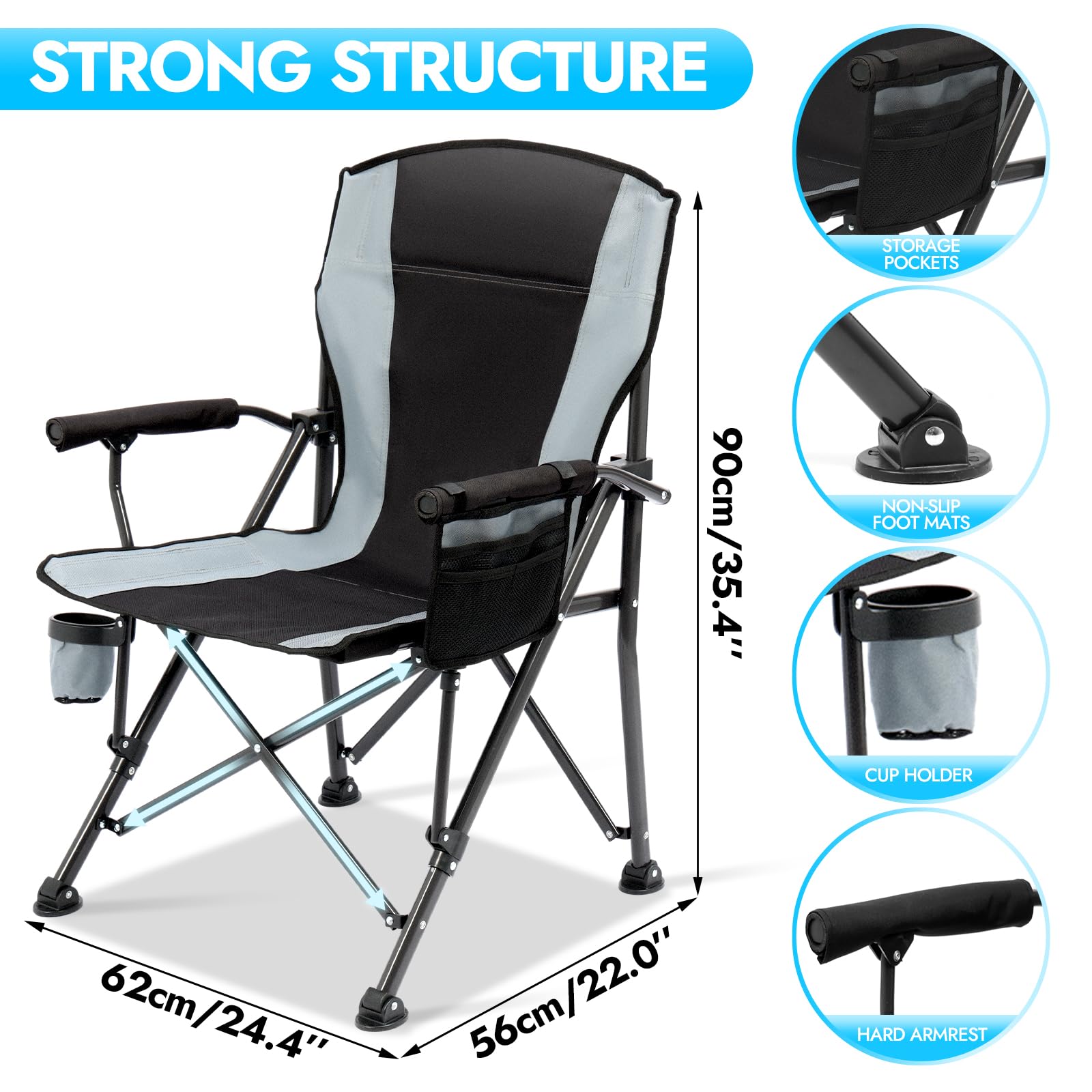 2 Pack Heavy Duty Oversized Folding Camping Chairs for Adults - 450 lbs Weight Capacity, Portable Lawn Chairs with Side Pockets for Outdoor Camping, Beach, Fishing, Picnic & Hiking - Perfect for Backyard BBQs, Tailgating and Concert Events