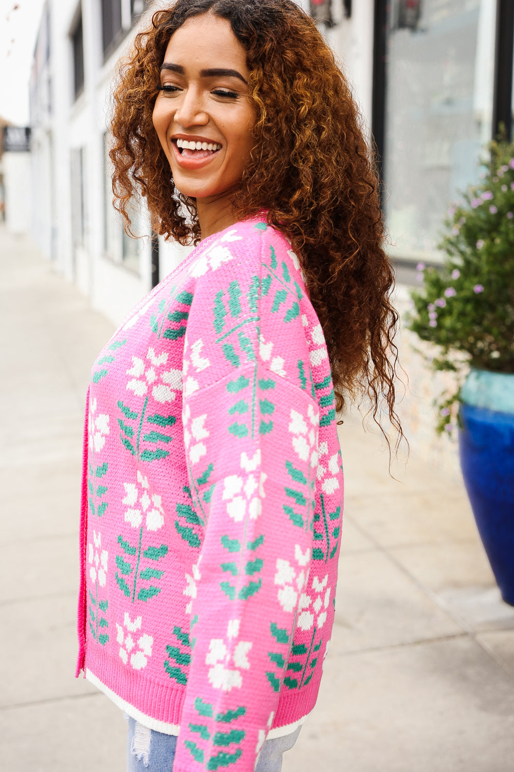 All For Love Fuchsia Flower Print Button Down Knit Cardigan for Women - Soft Casual Long Sleeve Open Front Sweater for Spring, Fall & Winter (Office, Date Night, Weekend Outfits)