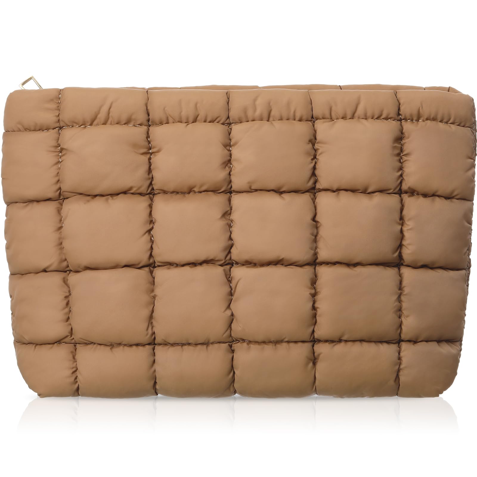 Hillban Quilted Makeup Bag - Cute Puffer Cosmetic Organizer for Travel & Brushes (Brown)